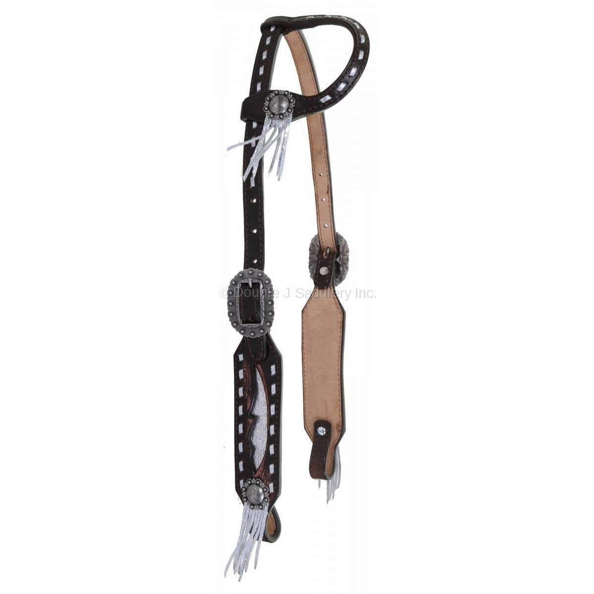H970 - Brown Vintage Metallic Silver Inlay Single Ear Headstall - Double J Saddlery