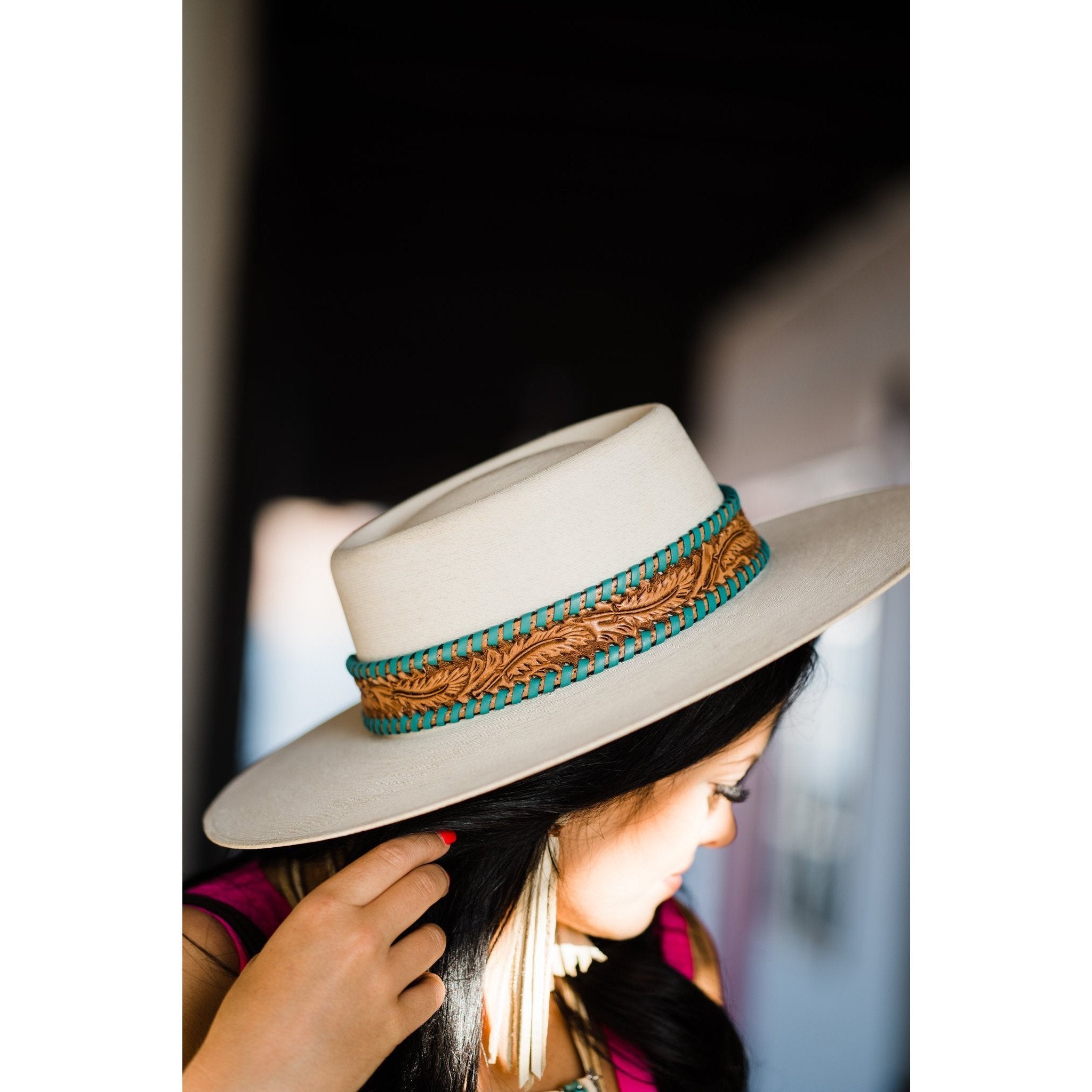 HATB03 - Feather Tooled Antique Finish Hat Band - Double J Saddlery