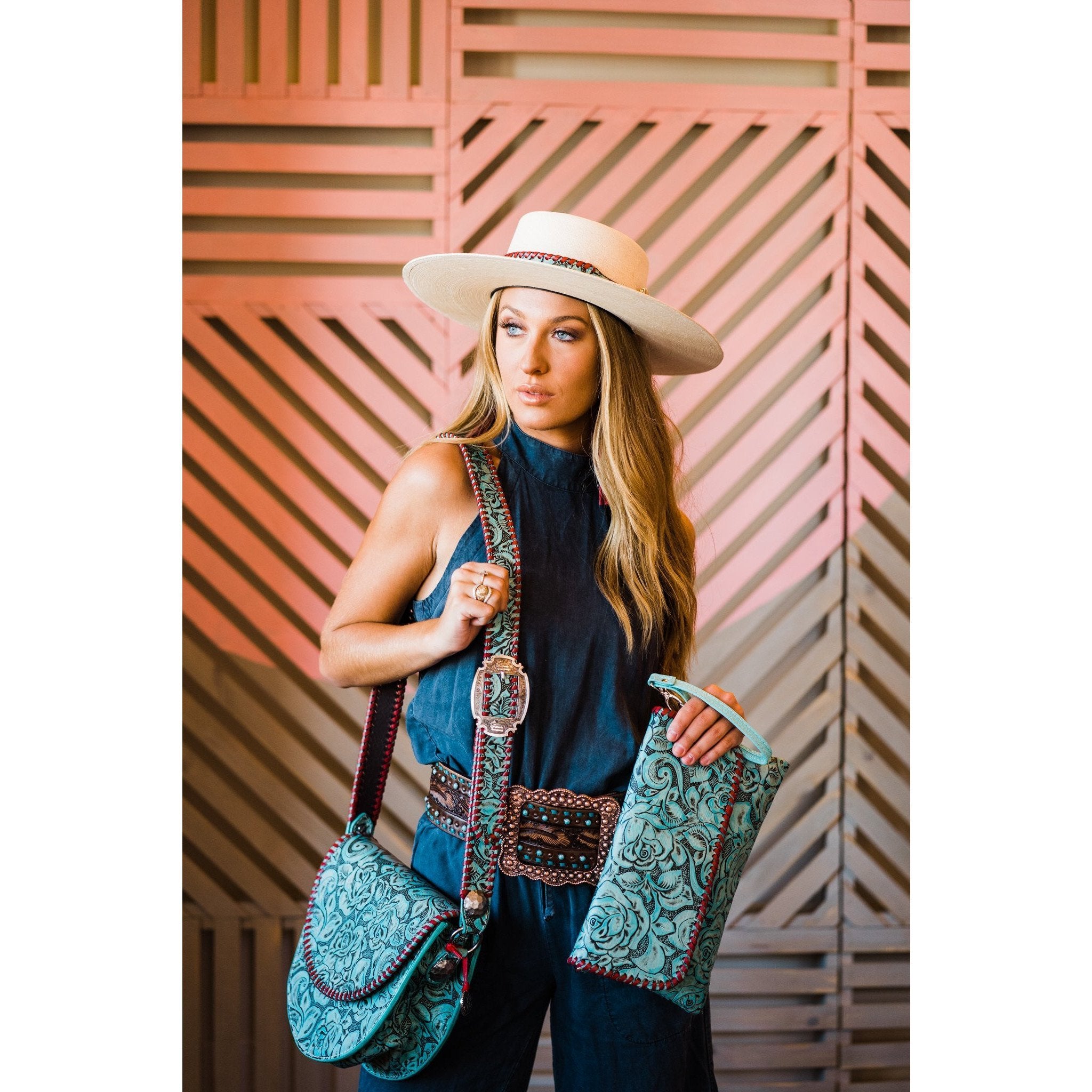 HATB04 - Turquoise Antique Floral Hat Band - Double J Saddlery