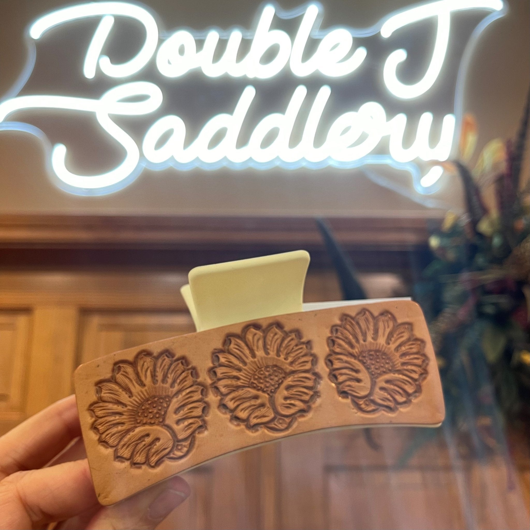 HC21 - Sunflower Tooled Hair Clip - Double J Saddlery