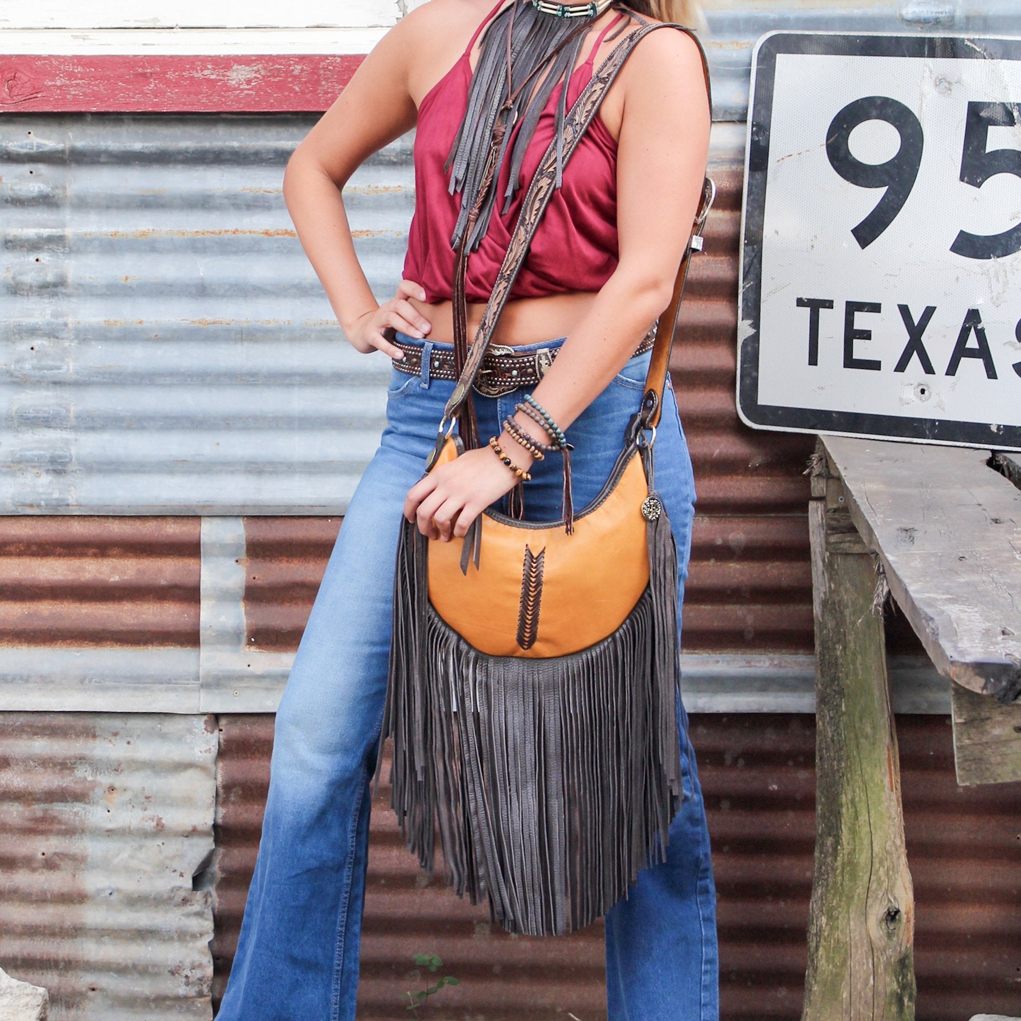 HMH17 - Buckskin V Design Hobo Bag - Double J Saddlery