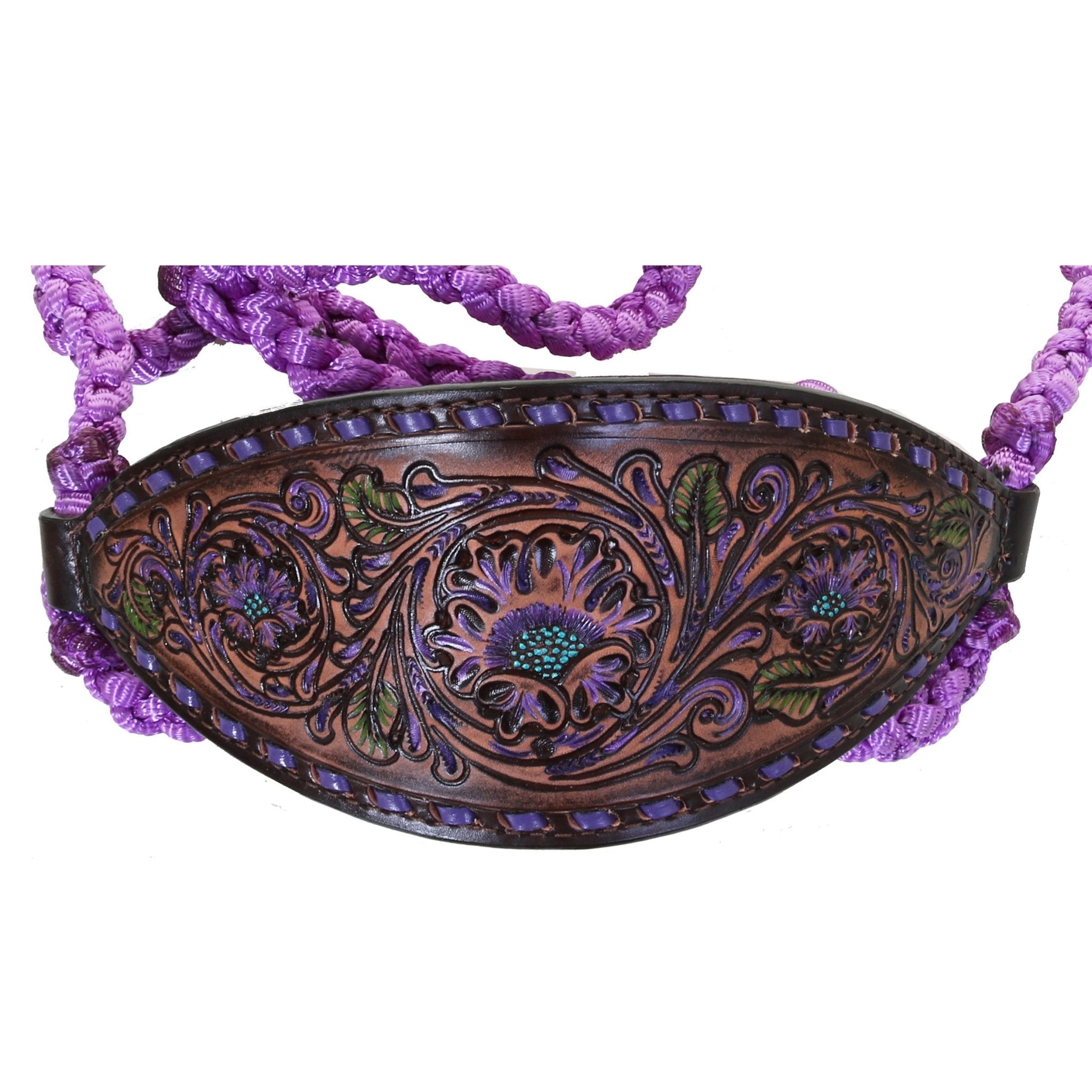 HRH47 - Brown Vintage Floral Tooled Rope Halter - Double J Saddlery
