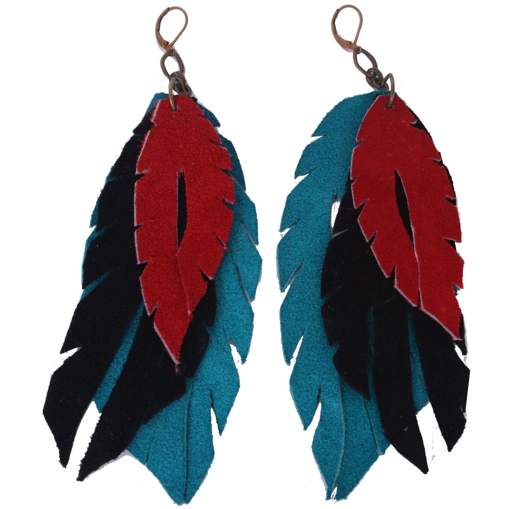 J32 - Three Layer Leather Feather Earrings - Double J Saddlery