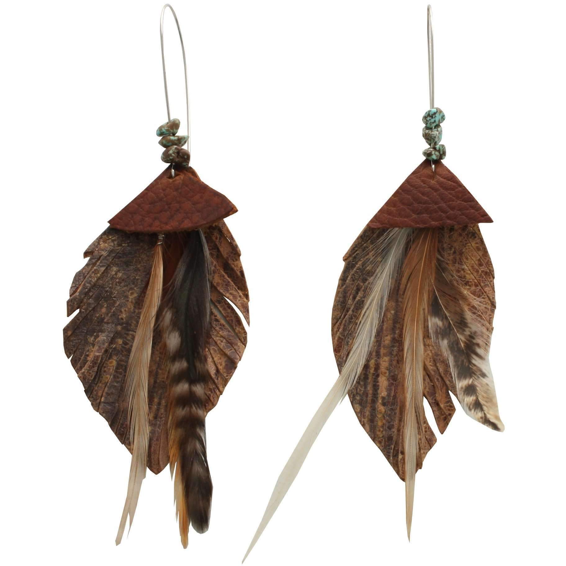 J78 - Sterling Kidney Oak Tan Leather Feather Earrings - Double J Saddlery