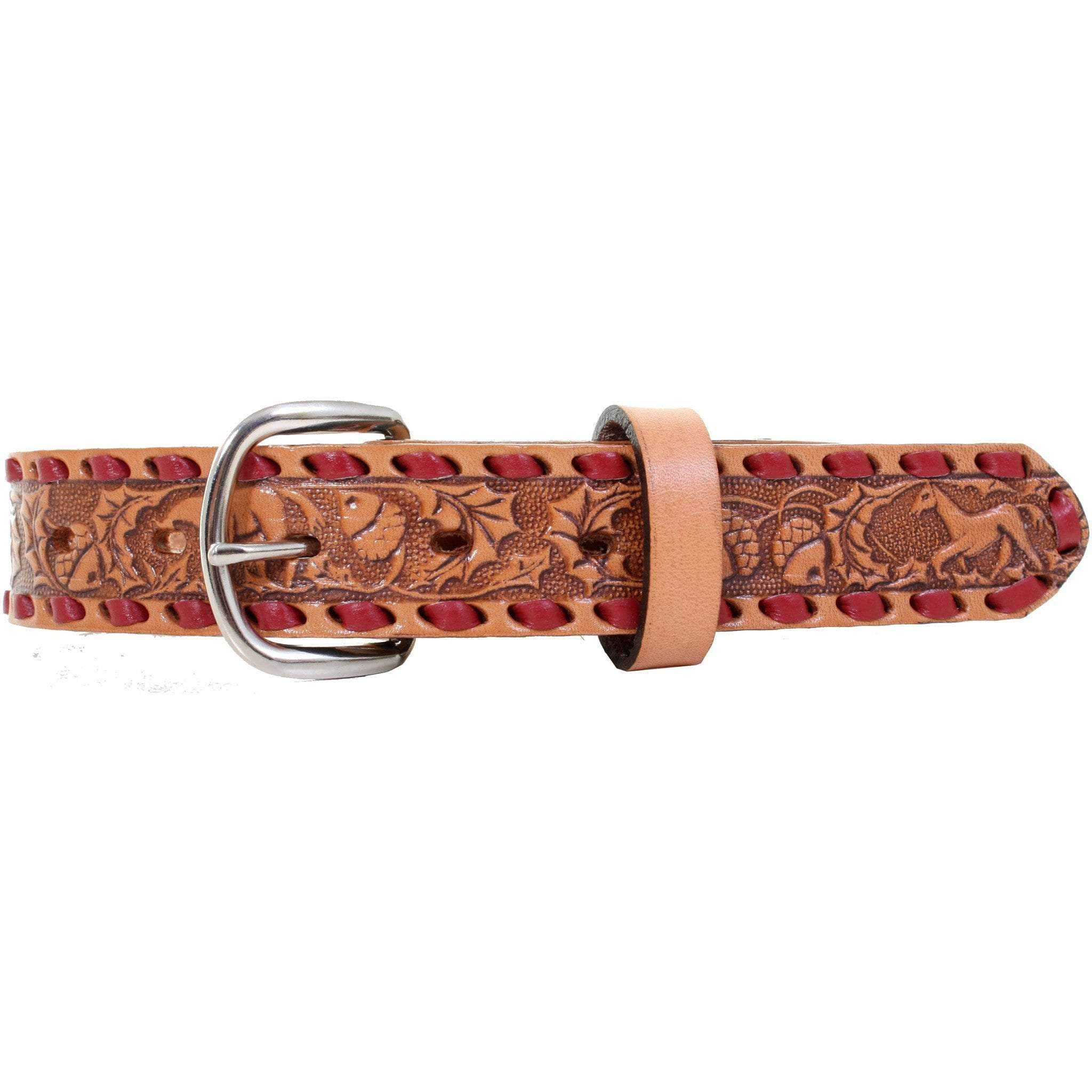 KB17/RED - Natural Leather Tooled Kids Belt - Double J Saddlery