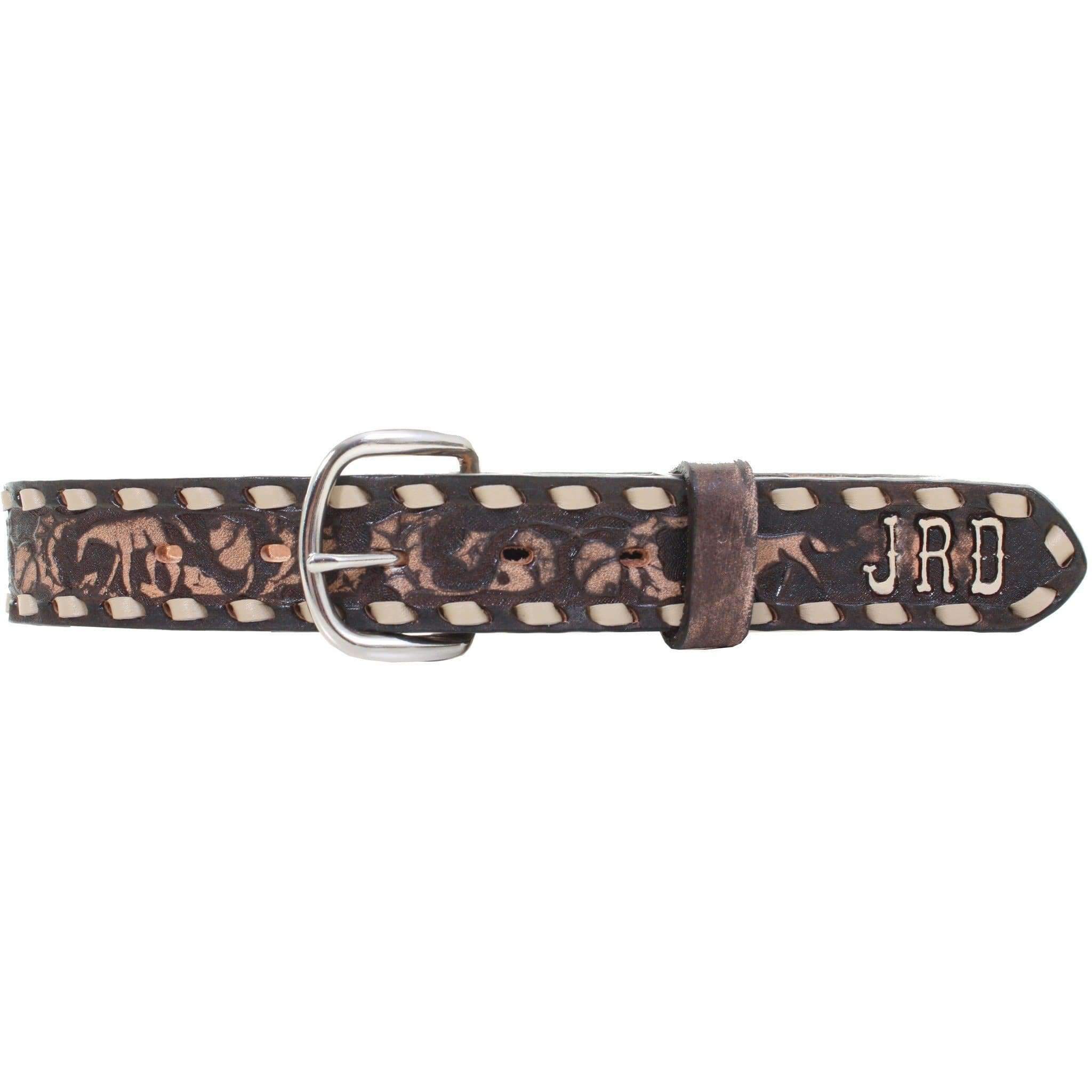KB19 - FAST SHIP Brown Vintage Tooled Kids Belt With Initials - Double J Saddlery
