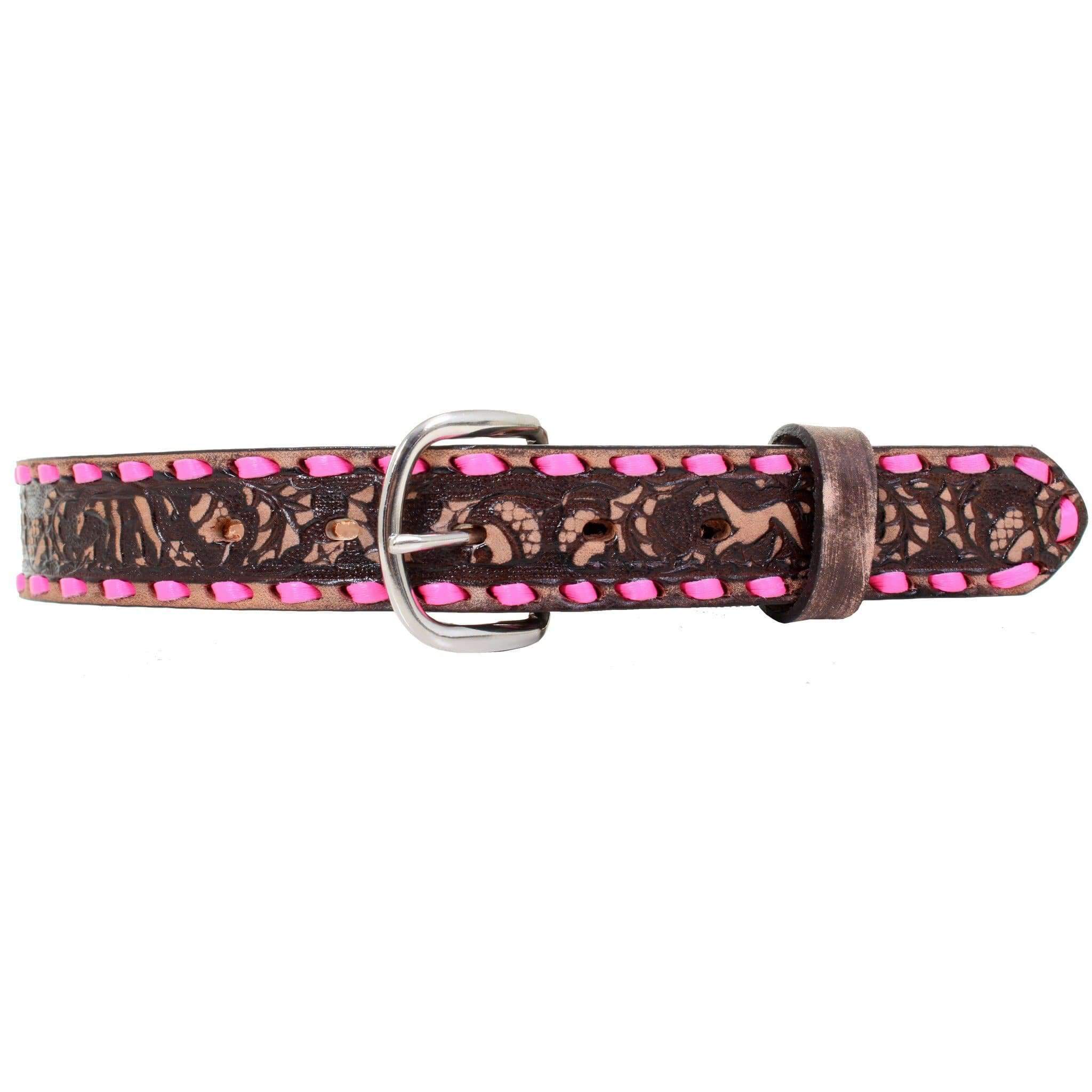 KB19/PINK - Brown Vintage Tooled Kids Belt - Double J Saddlery