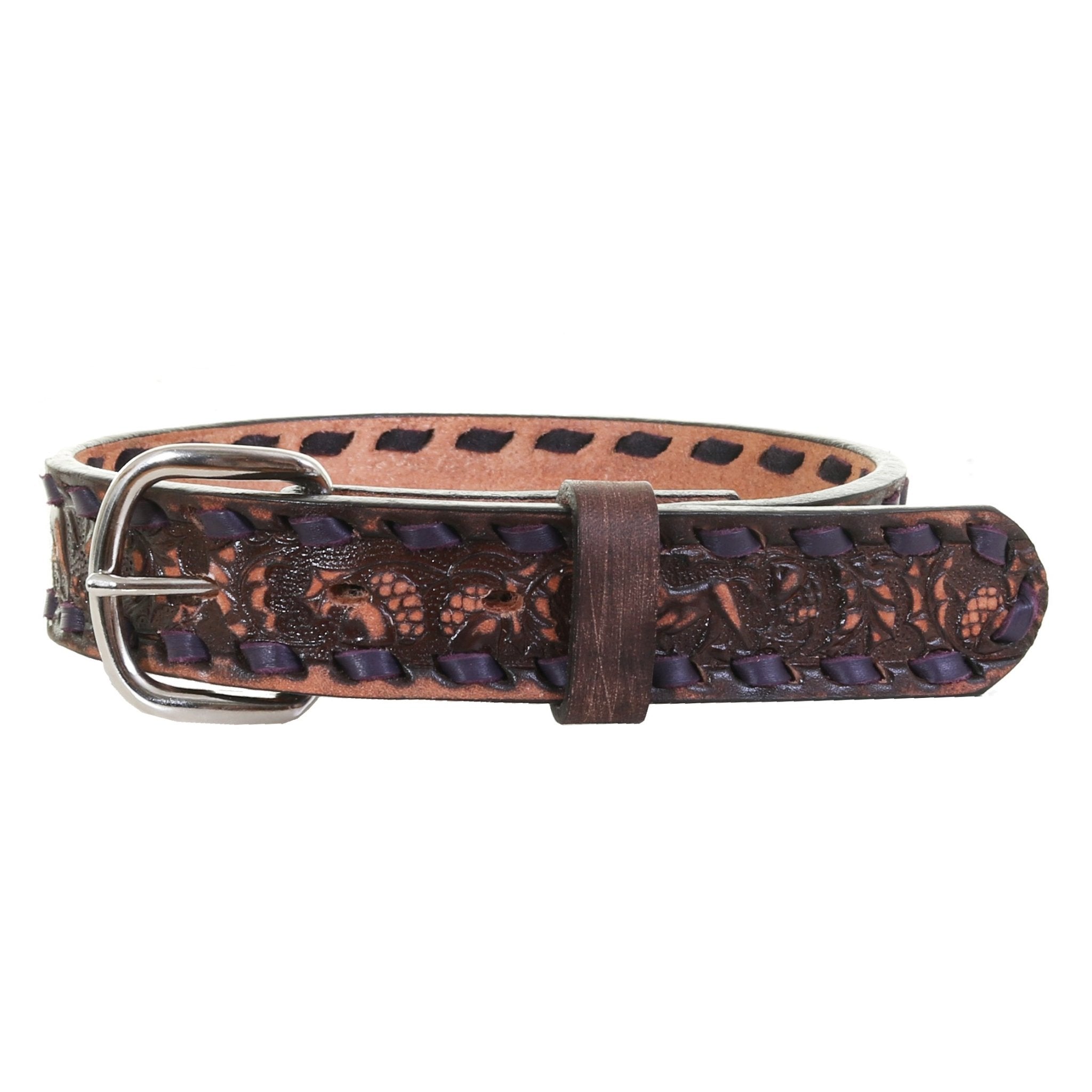KB19/PURPLE - Brown Vintage Tooled Kids Belt - Double J Saddlery