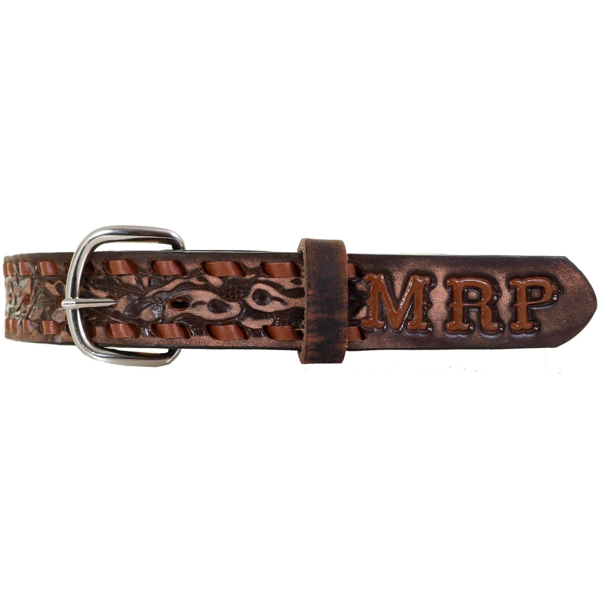 KB20 - FAST SHIP Brown Vintage Tooled Kids Belt w/Initials - Double J Saddlery