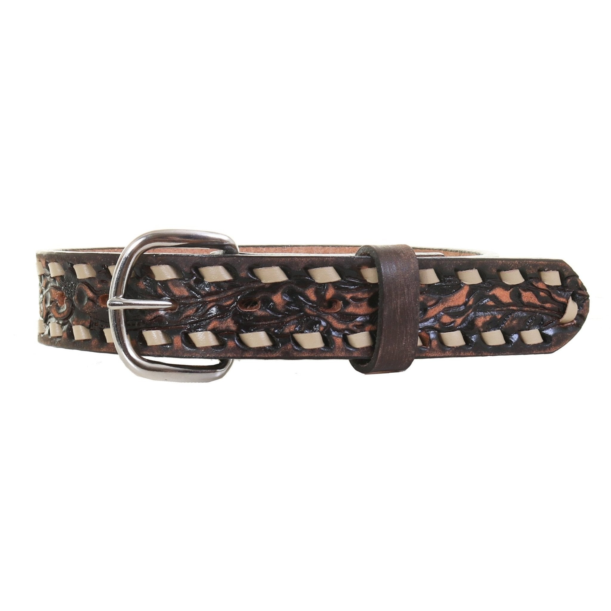 KB20/CREAM - Brown Vintage Tooled Kids Belt - Double J Saddlery