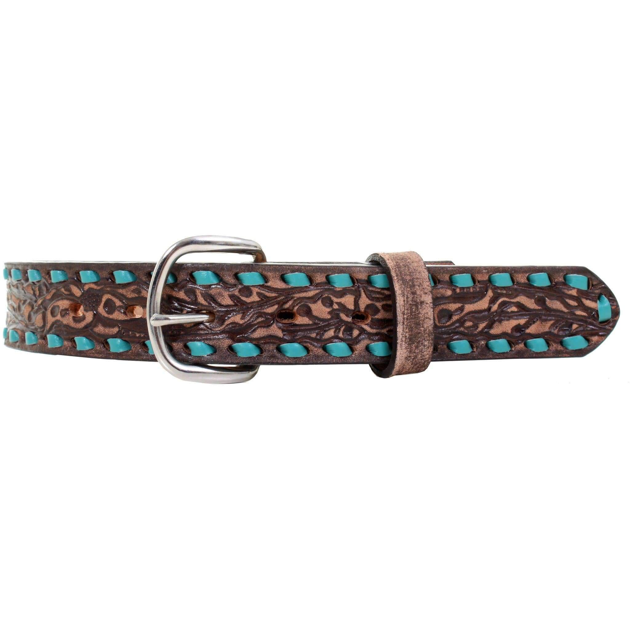KB20/TURQUOISE - Brown Vintage Tooled Kids Belt - Double J Saddlery