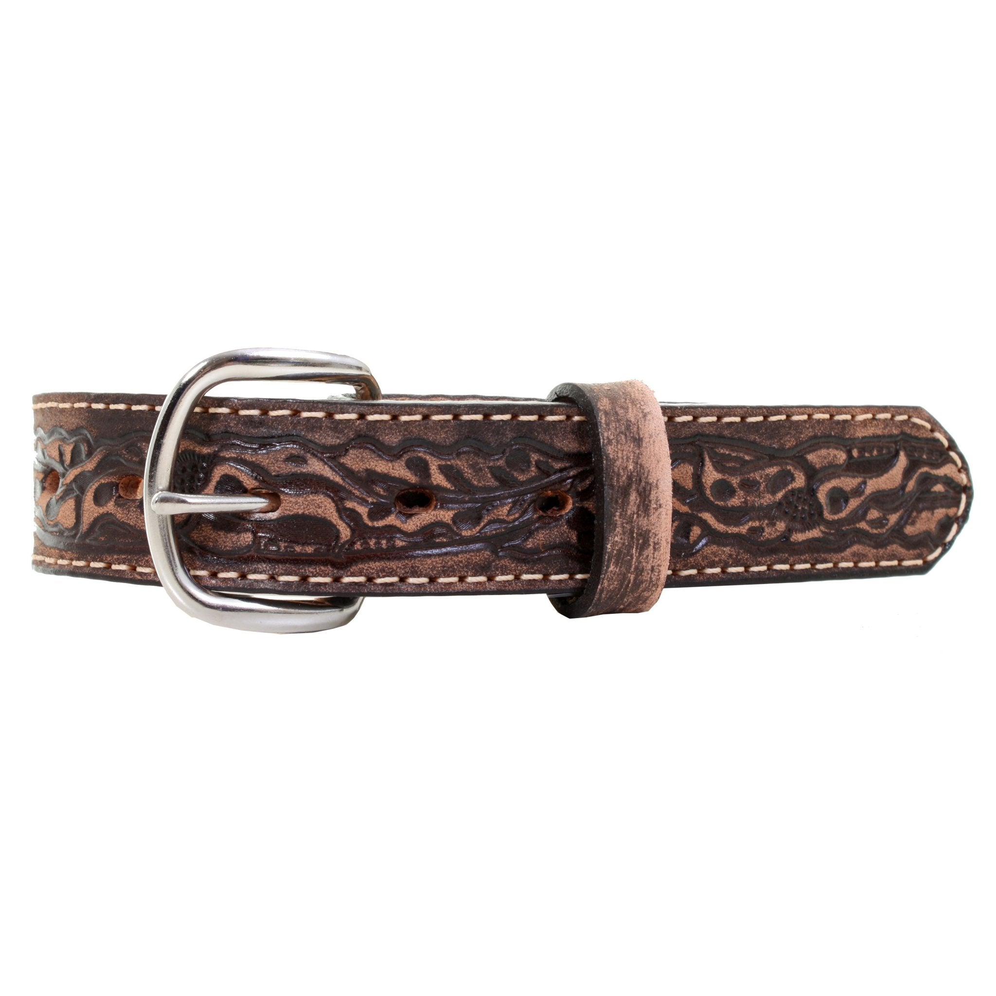 KB21/CREAM - Brown Vintage Tooled Kids Belt - Double J Saddlery
