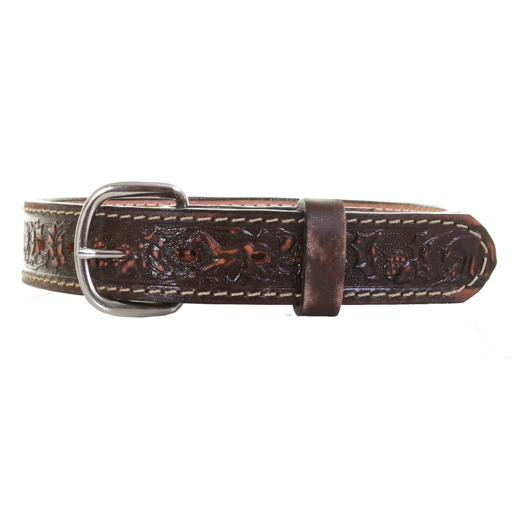 KB22/CREAM - Brown Vintage Tooled Kids Belt - Double J Saddlery