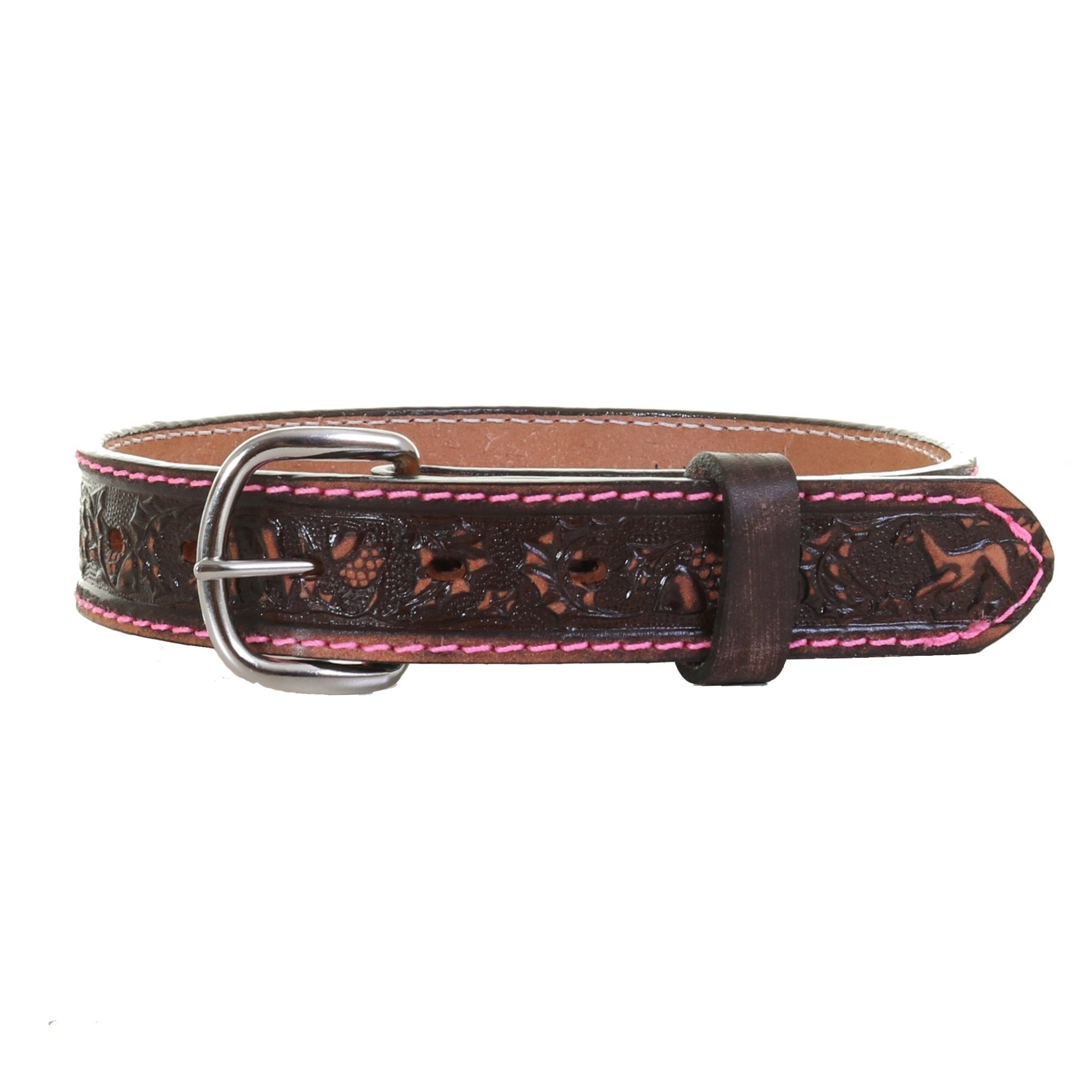 KB22/PINK - Brown Vintage Tooled Kids Belt - Double J Saddlery