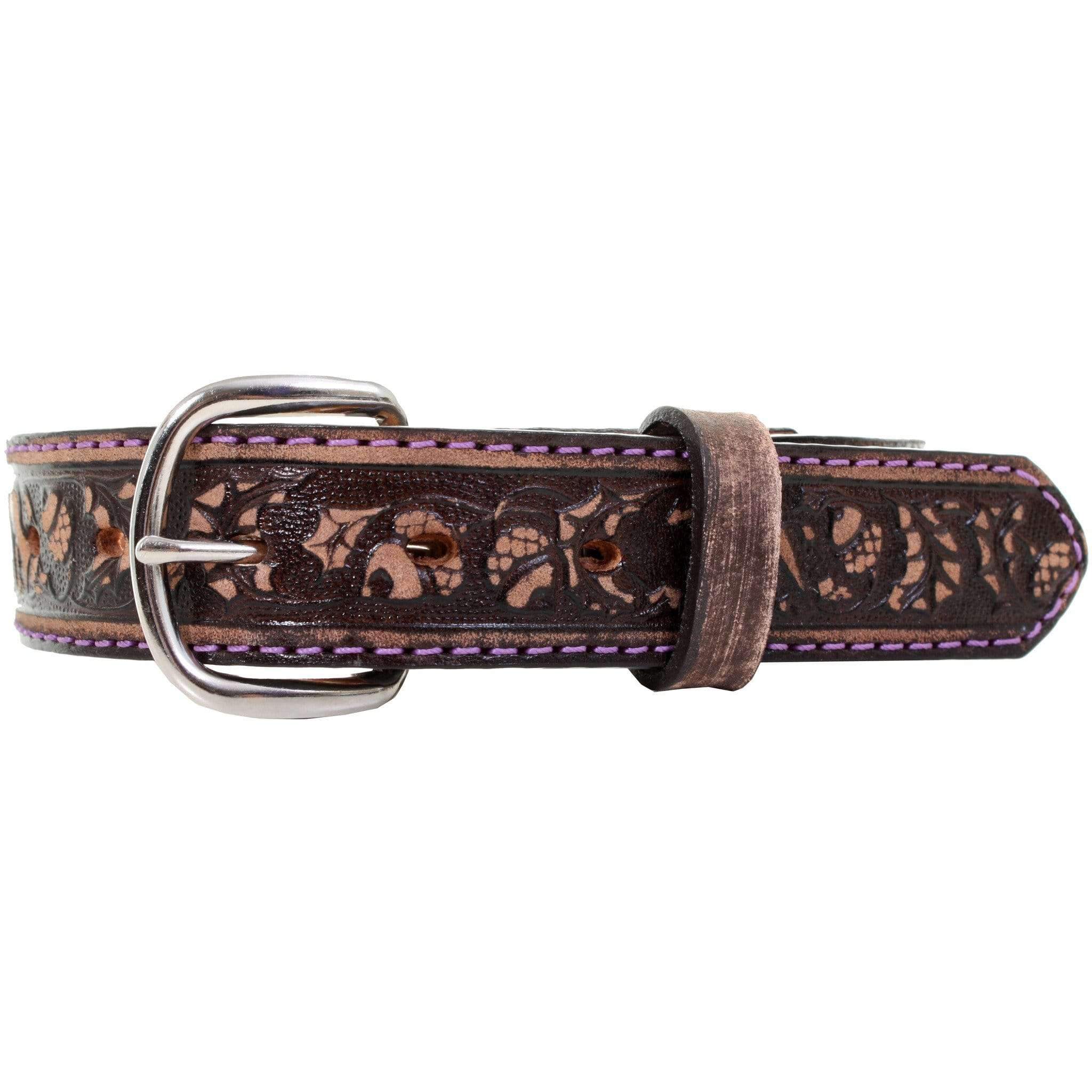 KB22/PURPLE - Brown Vintage Tooled Kids Belt - Double J Saddlery