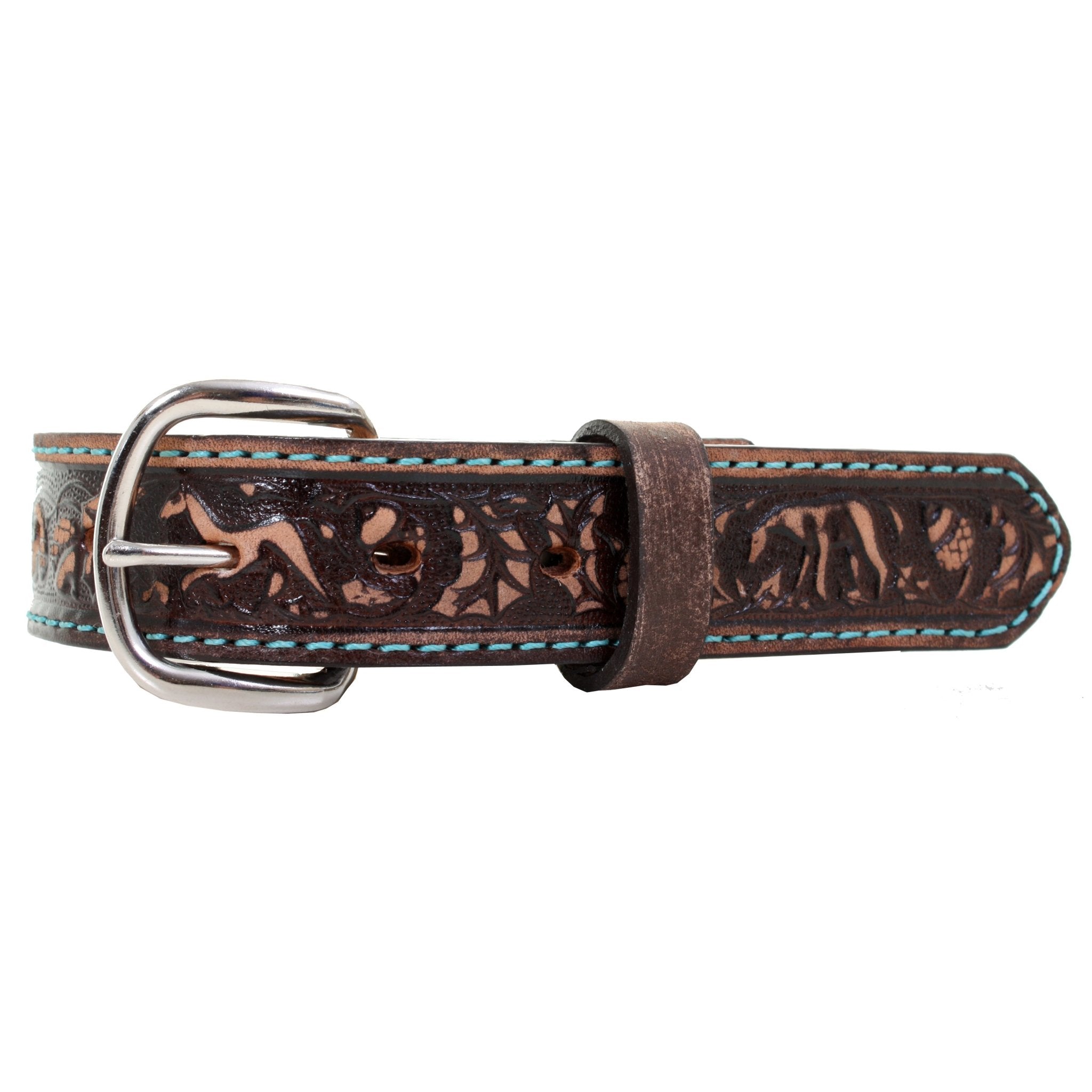 KB22/TURQUOISE - Brown Vintage Tooled Kids Belt - Double J Saddlery