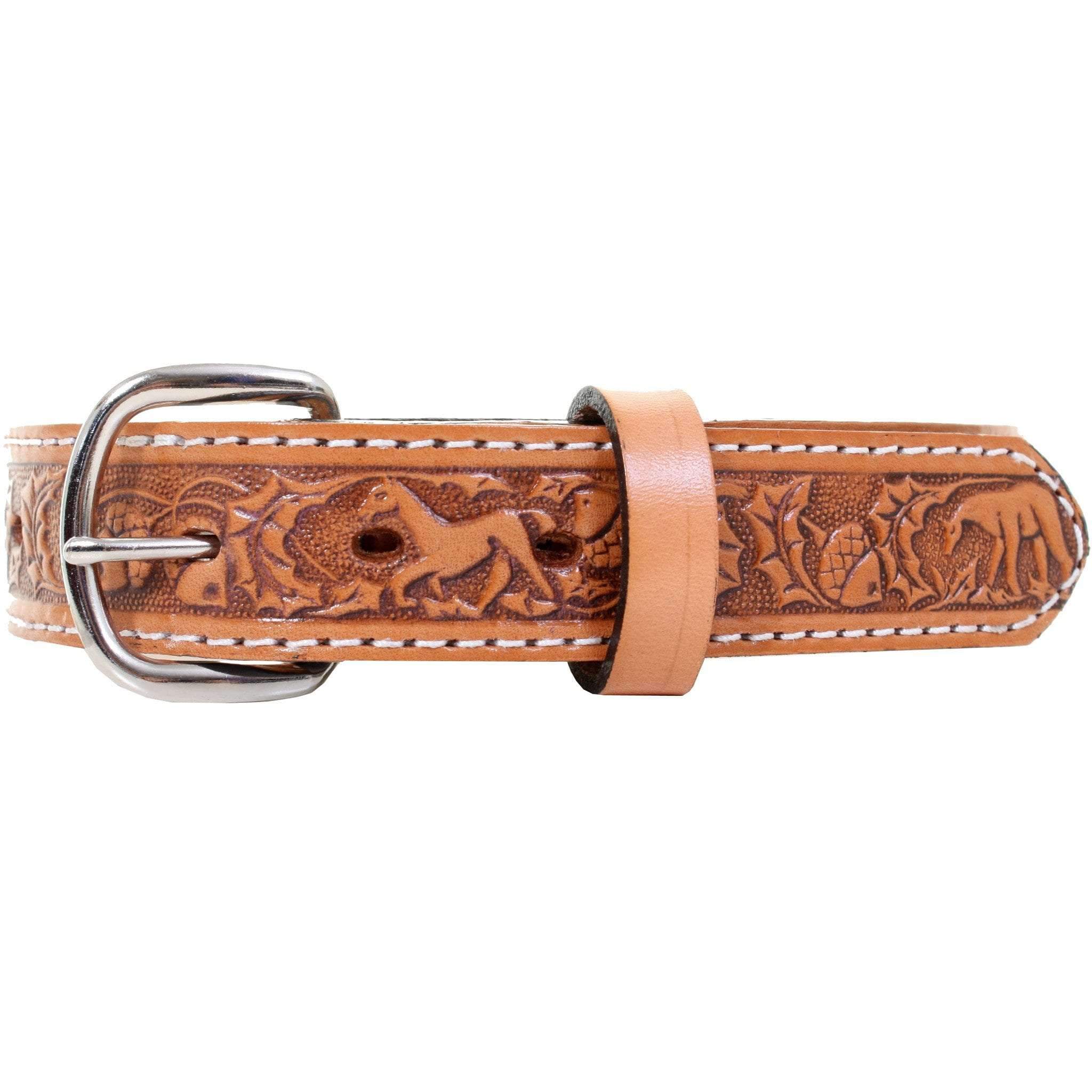 KB23/WHITE - Natural Leather Tooled Kids Belt - Double J Saddlery