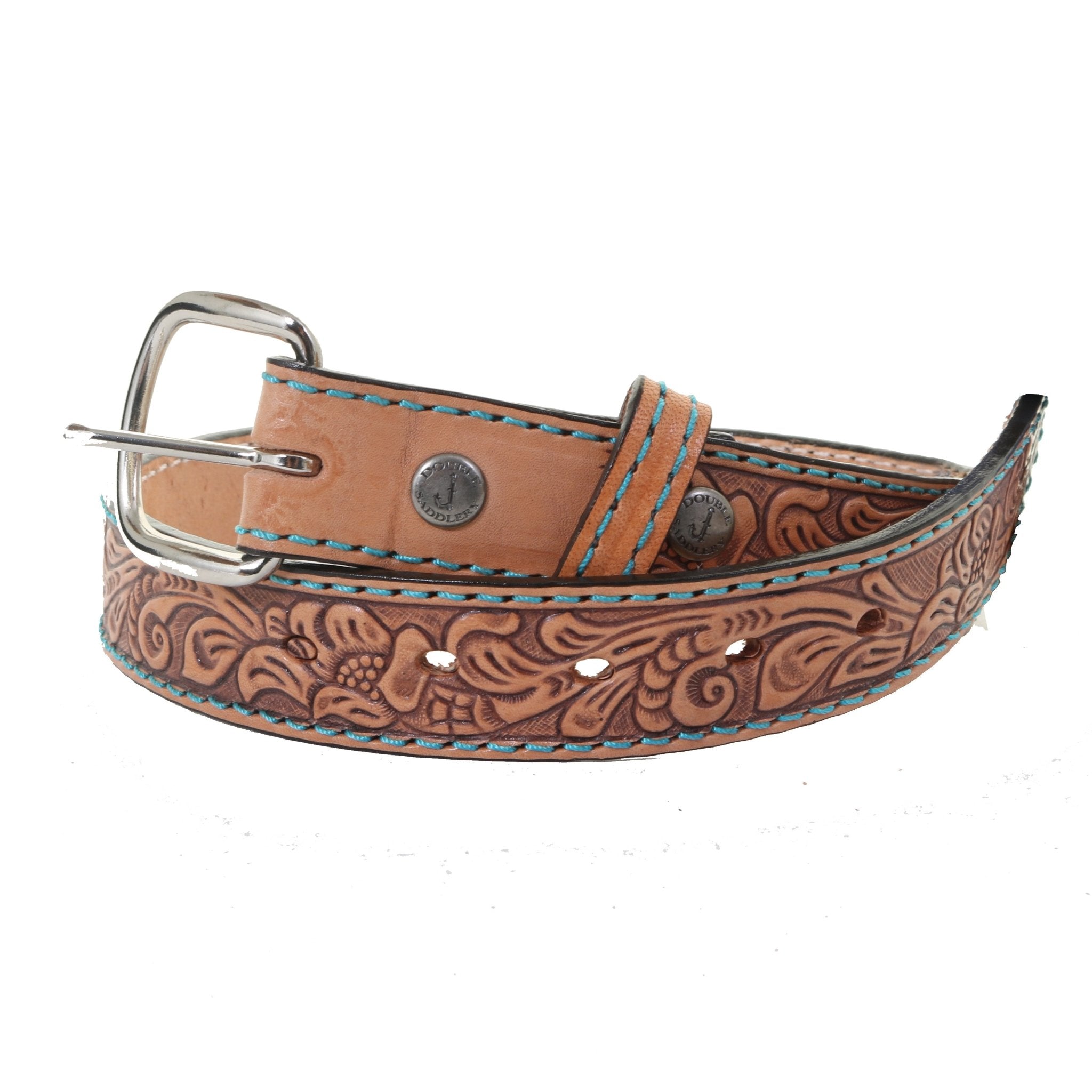 KB24/TURQ - Natural Leather Tooled Kids Belt - Double J Saddlery
