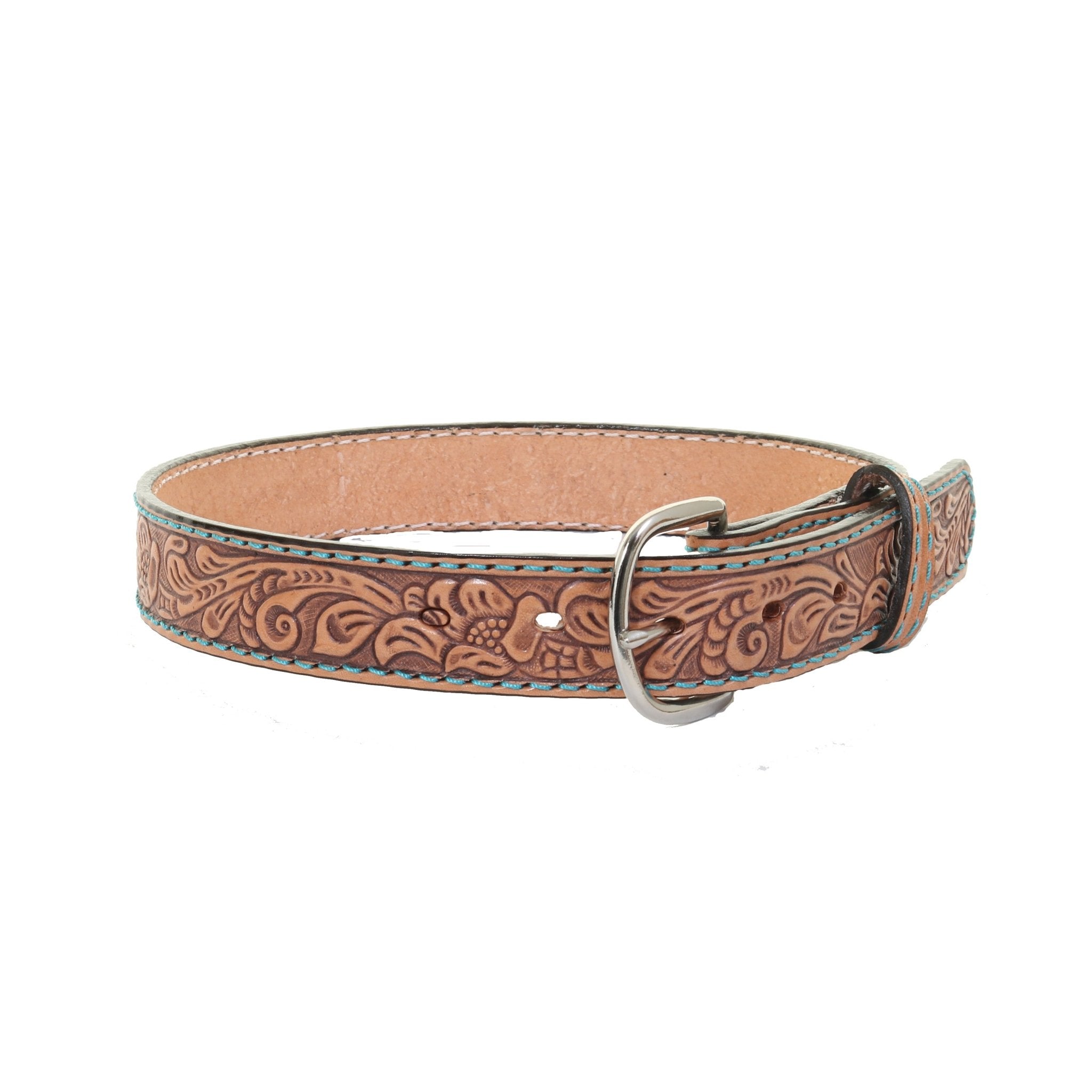 KB24/TURQ - Natural Leather Tooled Kids Belt - Double J Saddlery