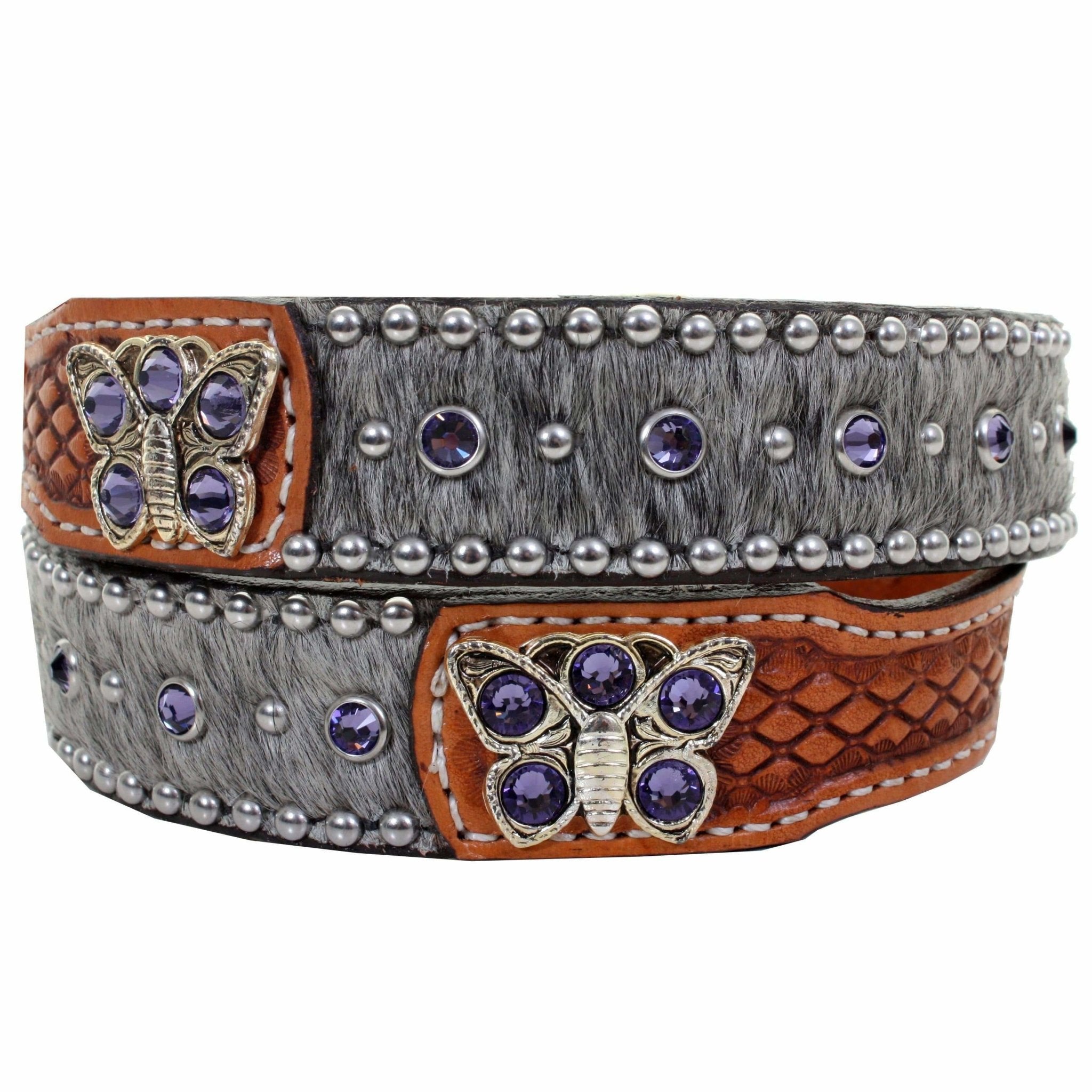 KB26 - Roan Hair Crystaled and Tooled End Kids Belt - Double J Saddlery