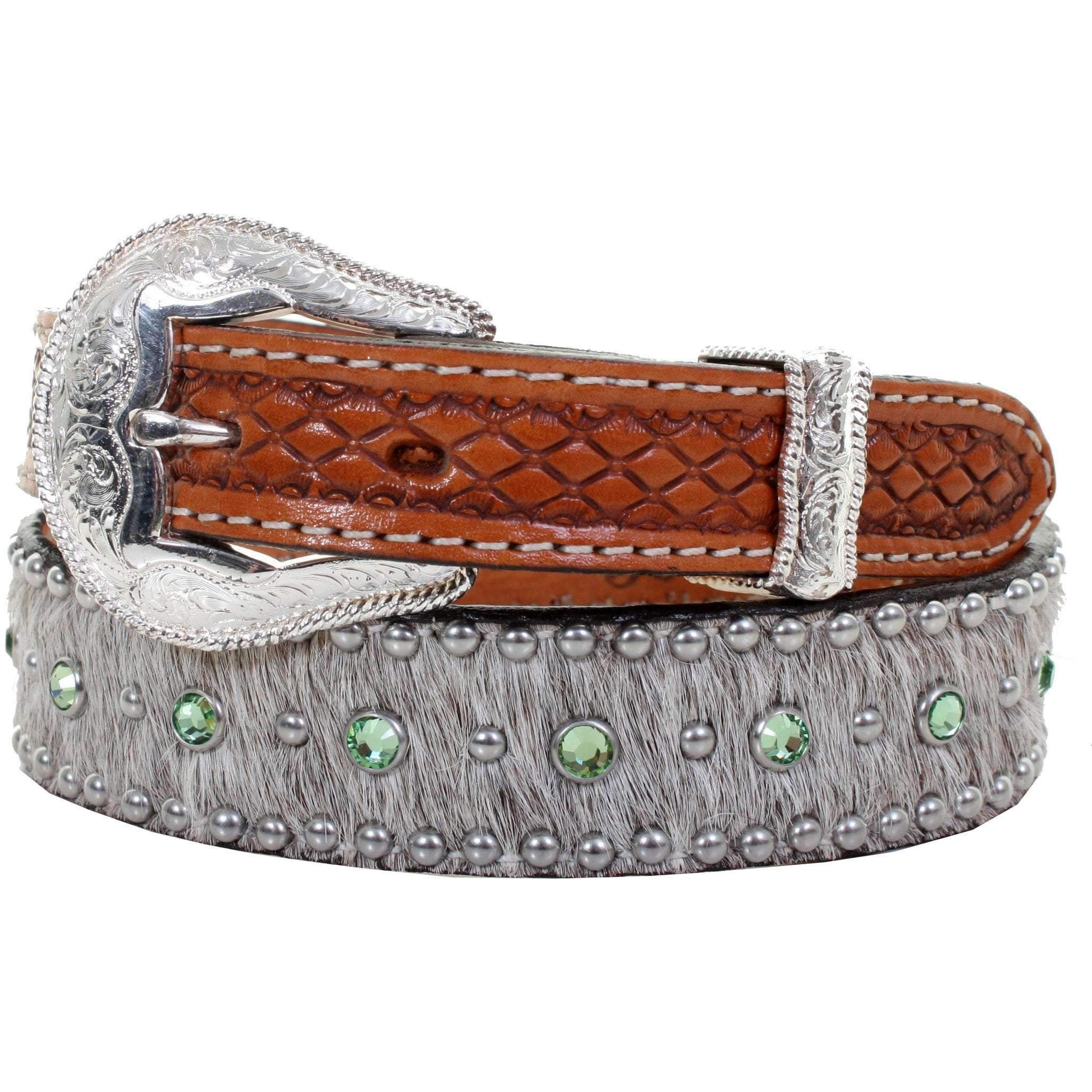 KB27 - Roan Hair Crystaled and Tooled End Kids Belt - Double J Saddlery