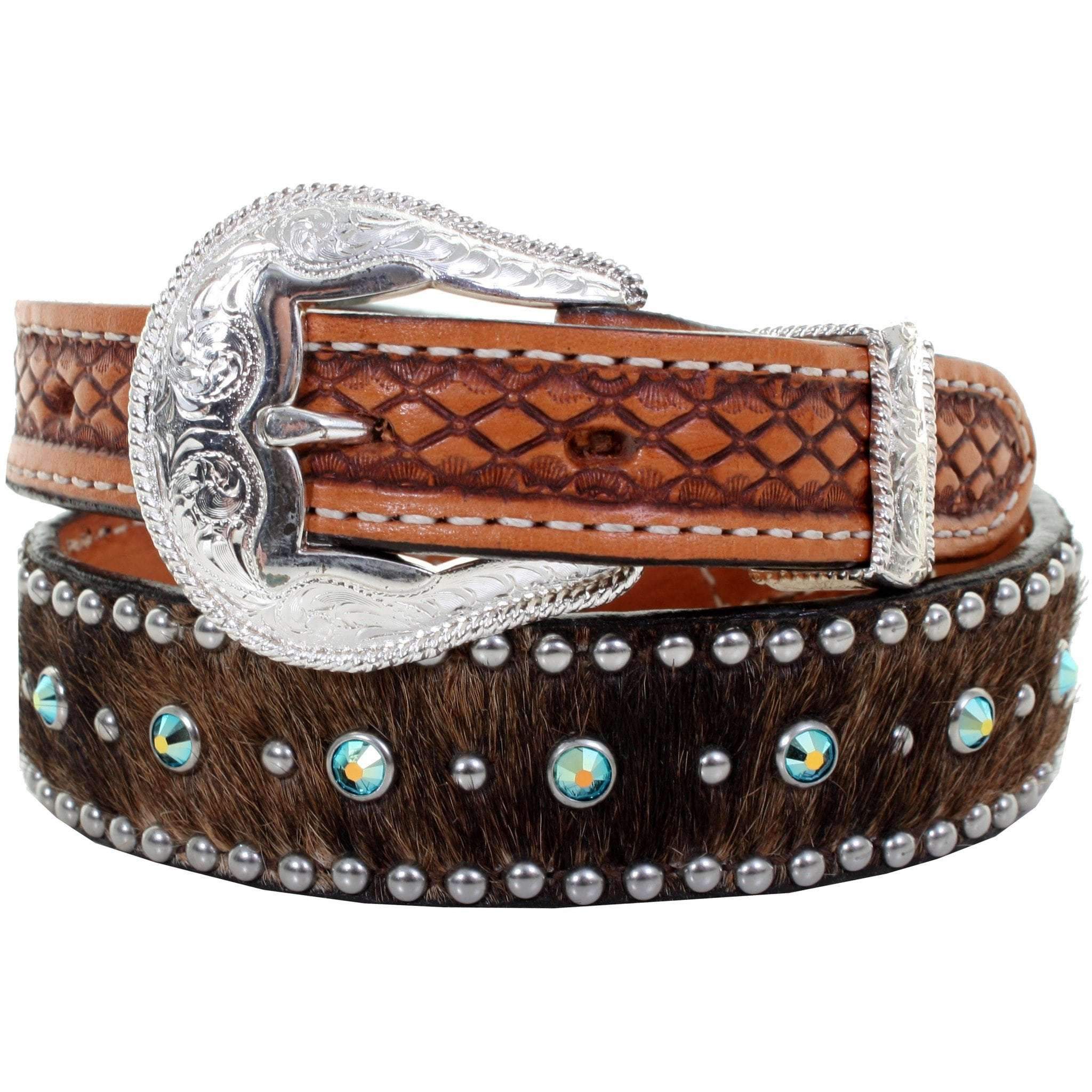 KB27A - Brindle Hair Crystaled and Tooled End Kids Belt - Double J Saddlery