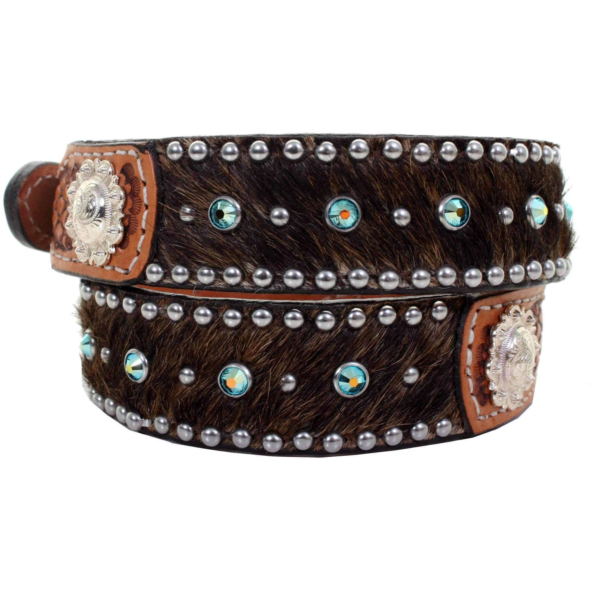 KB27A - Brindle Hair Crystaled and Tooled End Kids Belt - Double J Saddlery