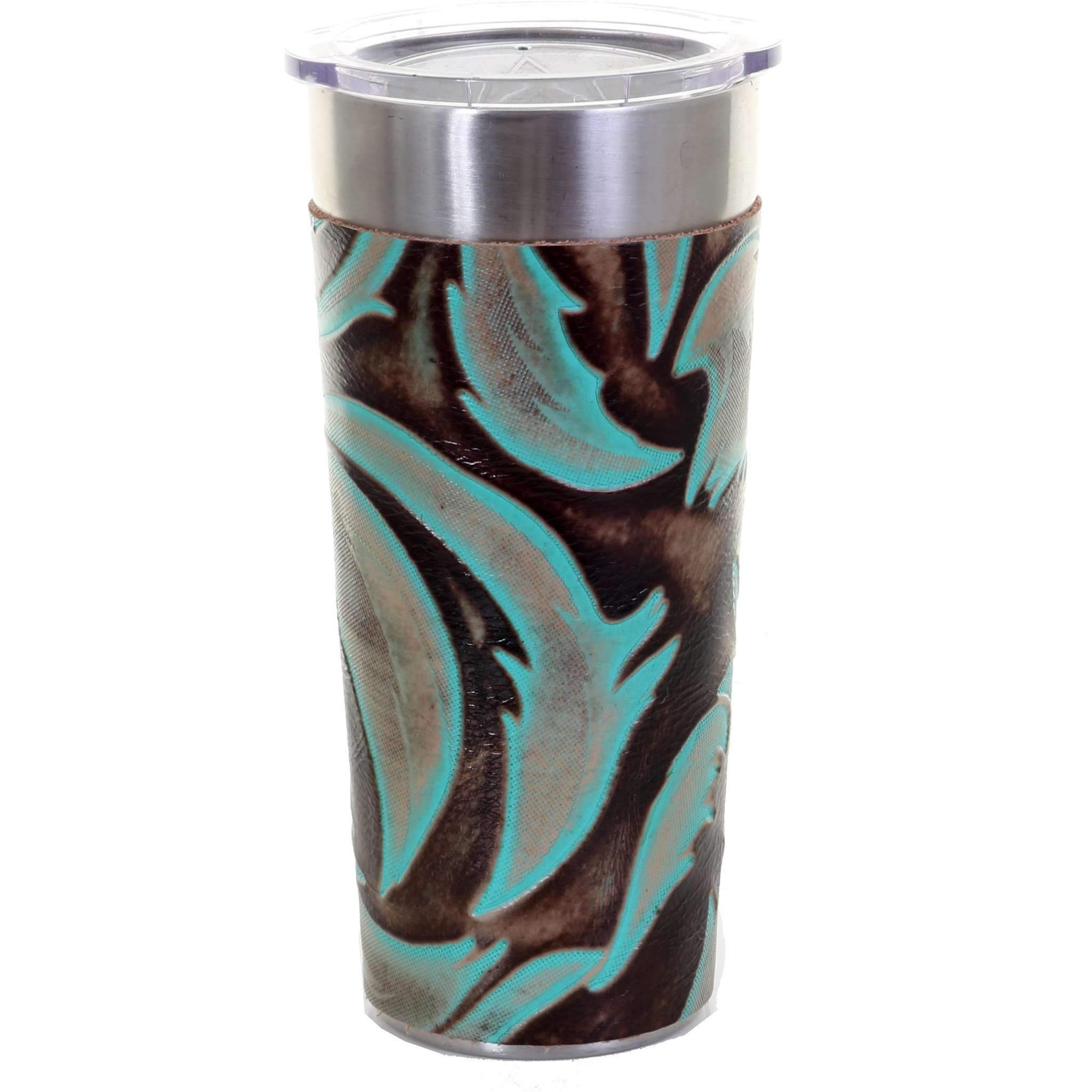 LEATHERWRAP45 - Turquoise and Brown Plume Leather Wrap - Double J Saddlery