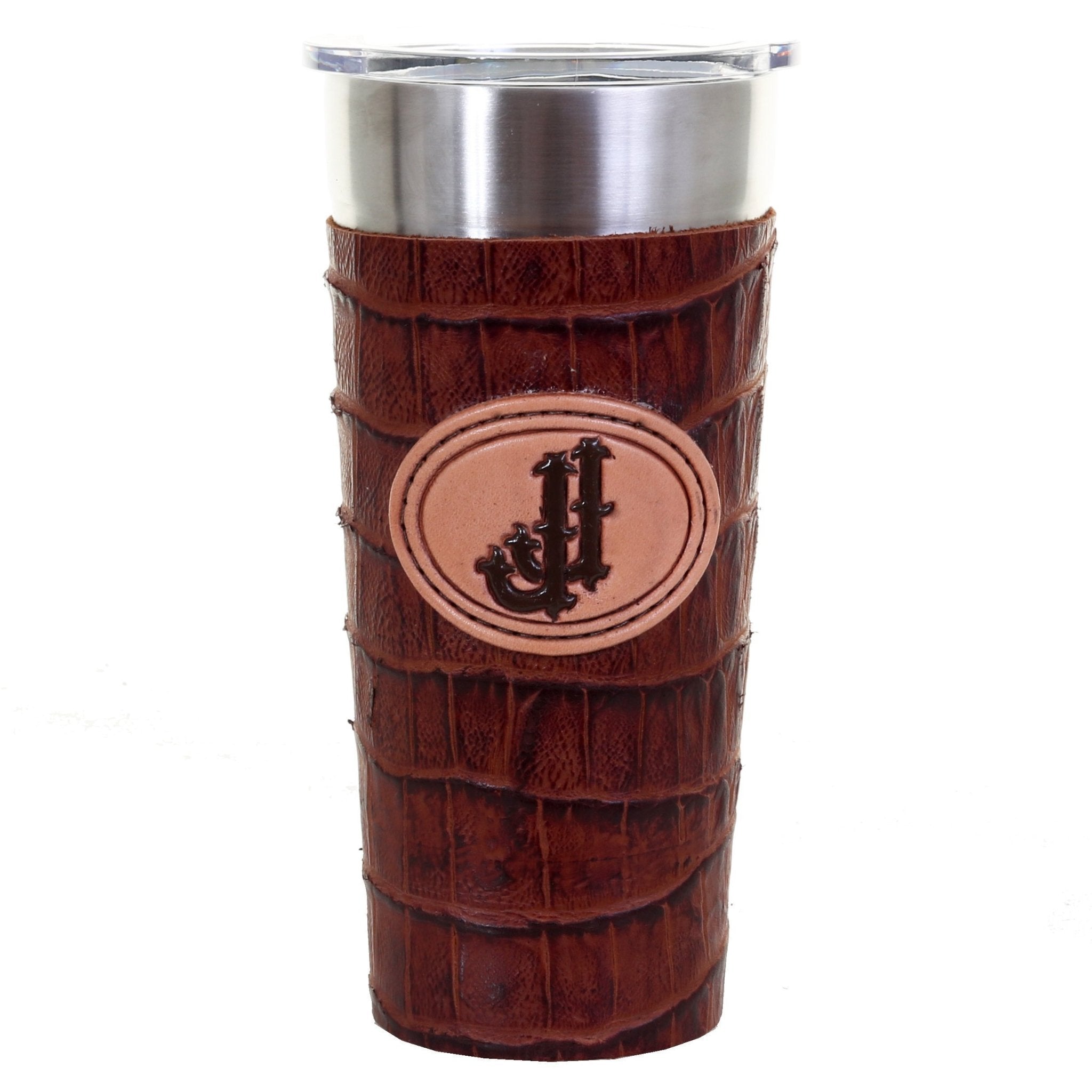 LEATHERWRAP50A - Knife Tail Cognac Gator Leather Wrap with JJ Plaque - Double J Saddlery