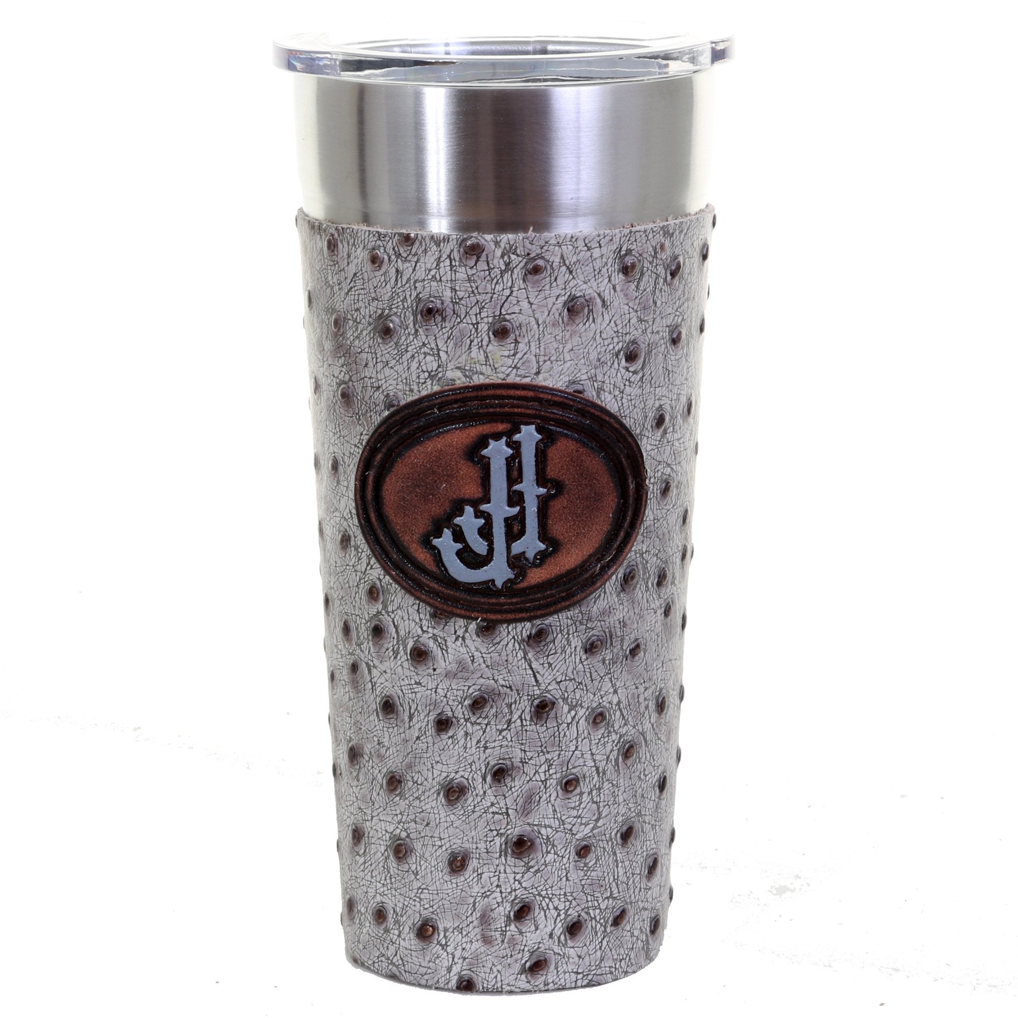 LEATHERWRAP56A - Grey and Metallic Ostrich Print Leather Wrap with JJ Plaque - Double J Saddlery