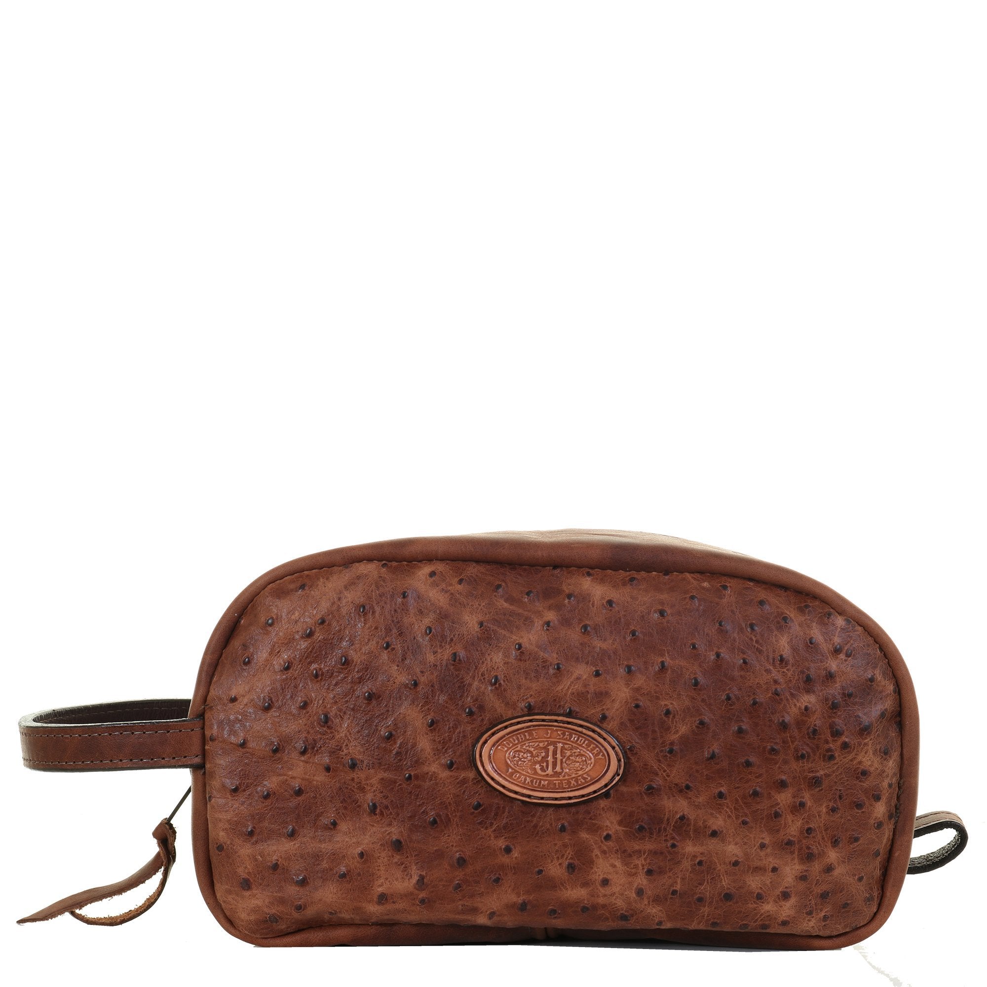 LSK37P - Vintage Cognac Ostrich Print Shaving Bag w/Plaque - Double J Saddlery