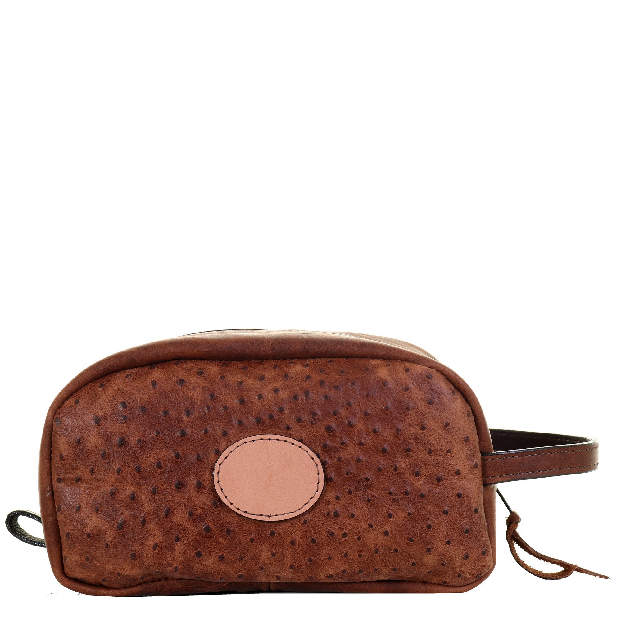 LSK37P - Vintage Cognac Ostrich Print Shaving Bag w/Plaque - Double J Saddlery
