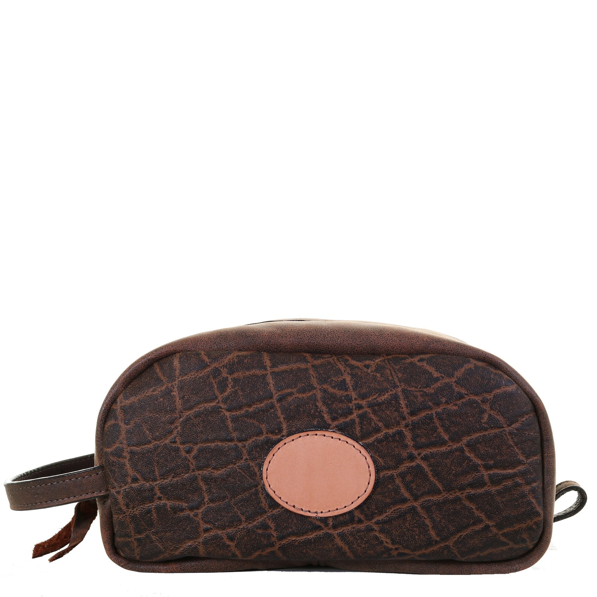 LSK42P - Vintage Peat Elephant Print Leather Shaving Bag w/Plaque - Double J Saddlery