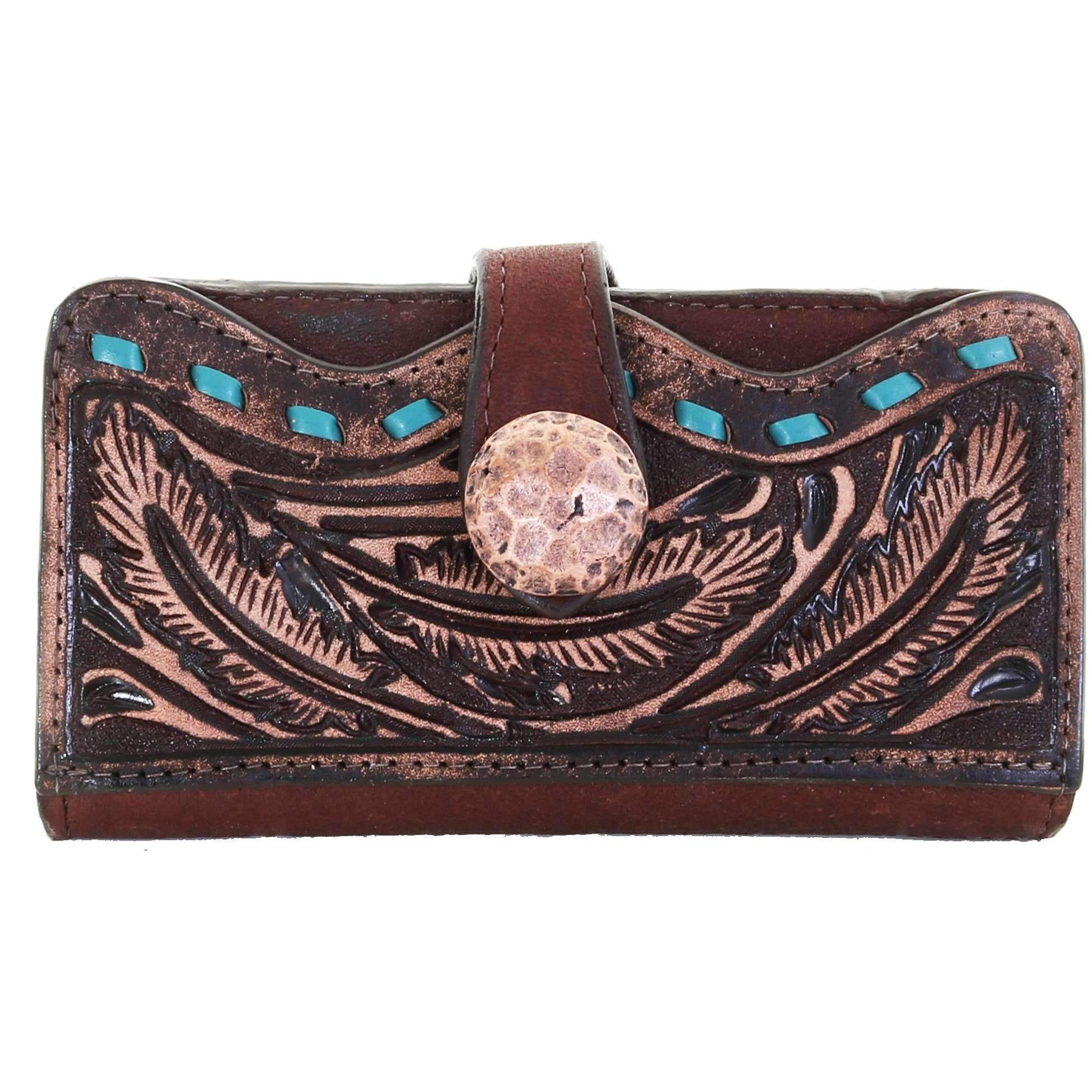LW224 - Brown Vintage Feather Tooled Ladies Wallet - Double J Saddlery
