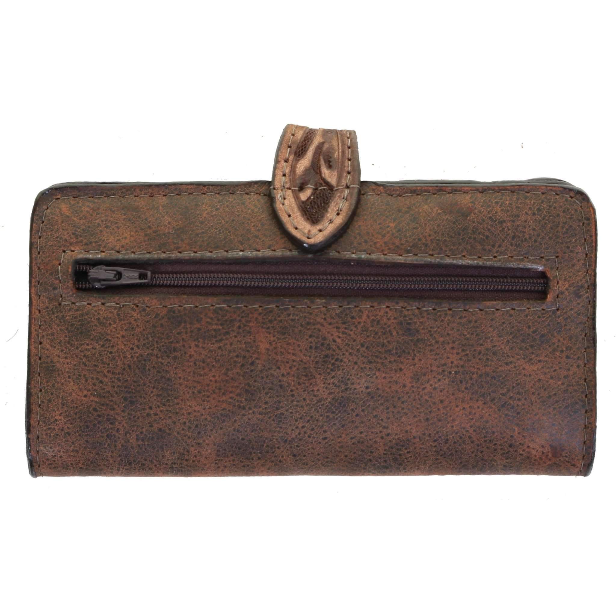 LW225 - Brown Vintage Feather Tooled Ladies Wallet - Double J Saddlery
