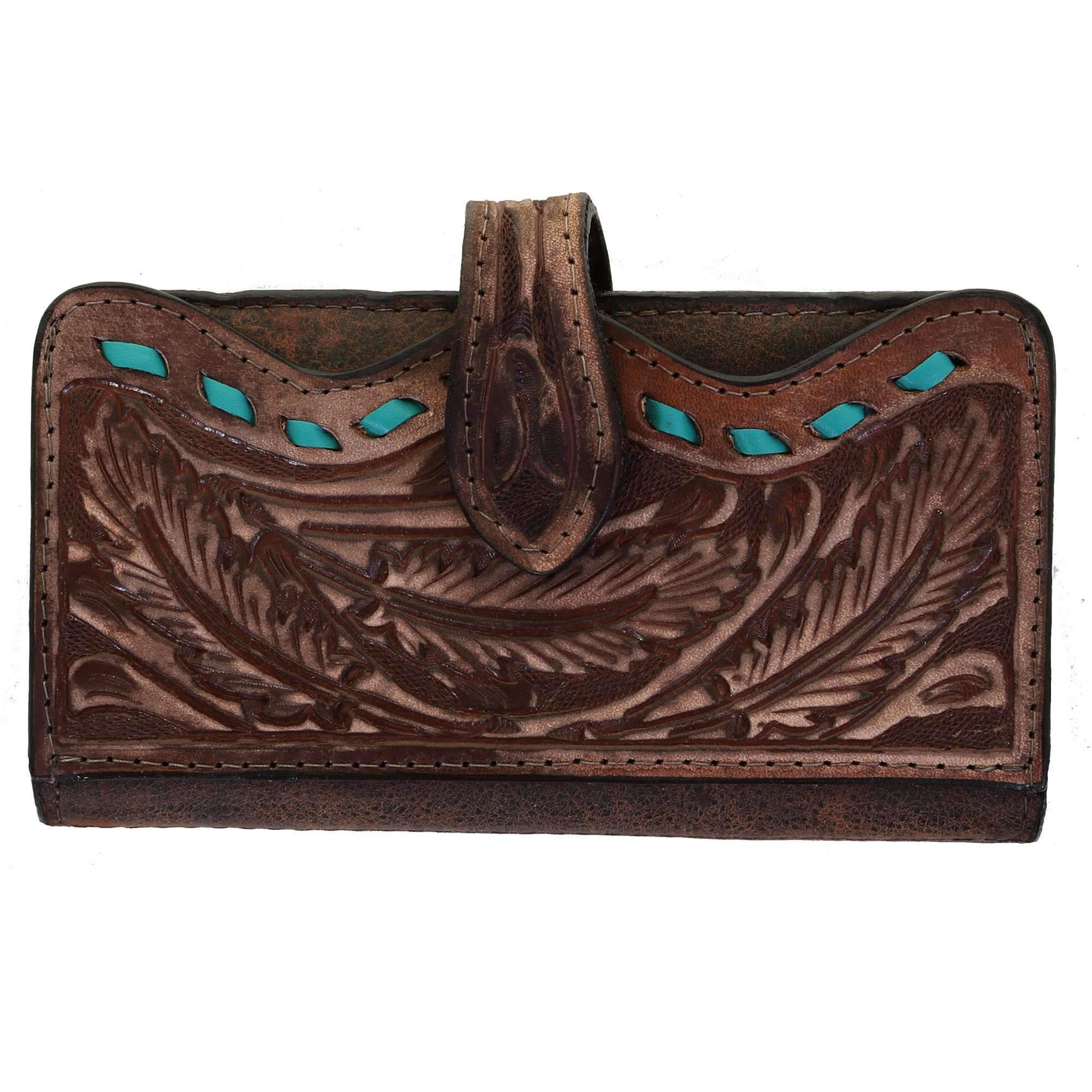 LW225 - Brown Vintage Feather Tooled Ladies Wallet - Double J Saddlery