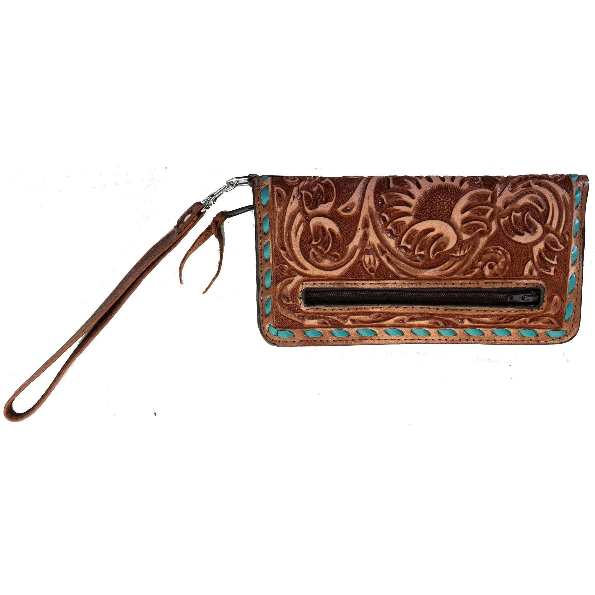 LZW16 - Sunflower Tooled Pecan Vintage Ladies Zipper Wallet - Double J Saddlery