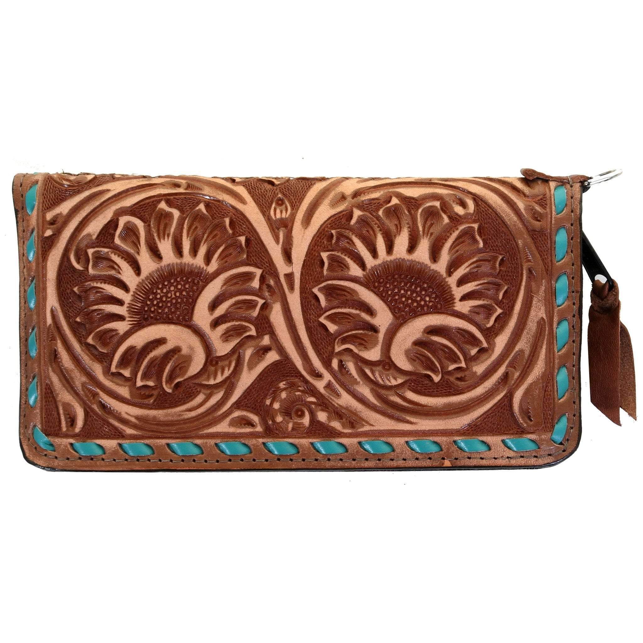LZW16 - Sunflower Tooled Pecan Vintage Ladies Zipper Wallet - Double J Saddlery