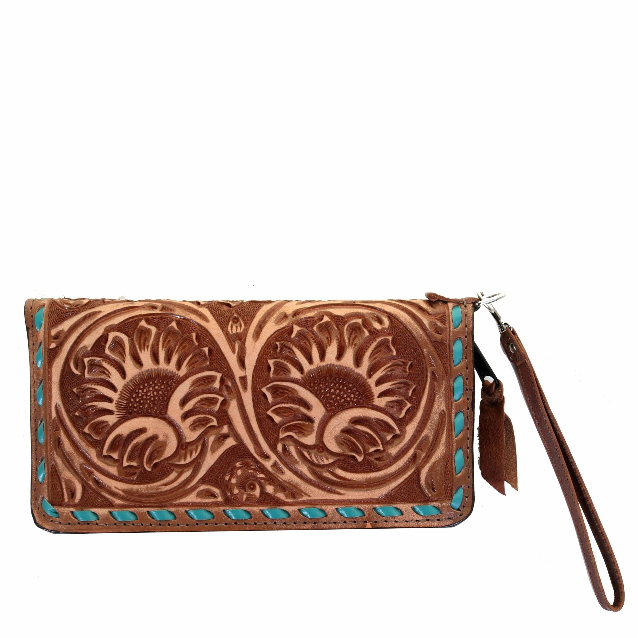 LZW16 - Sunflower Tooled Pecan Vintage Ladies Zipper Wallet - Double J Saddlery
