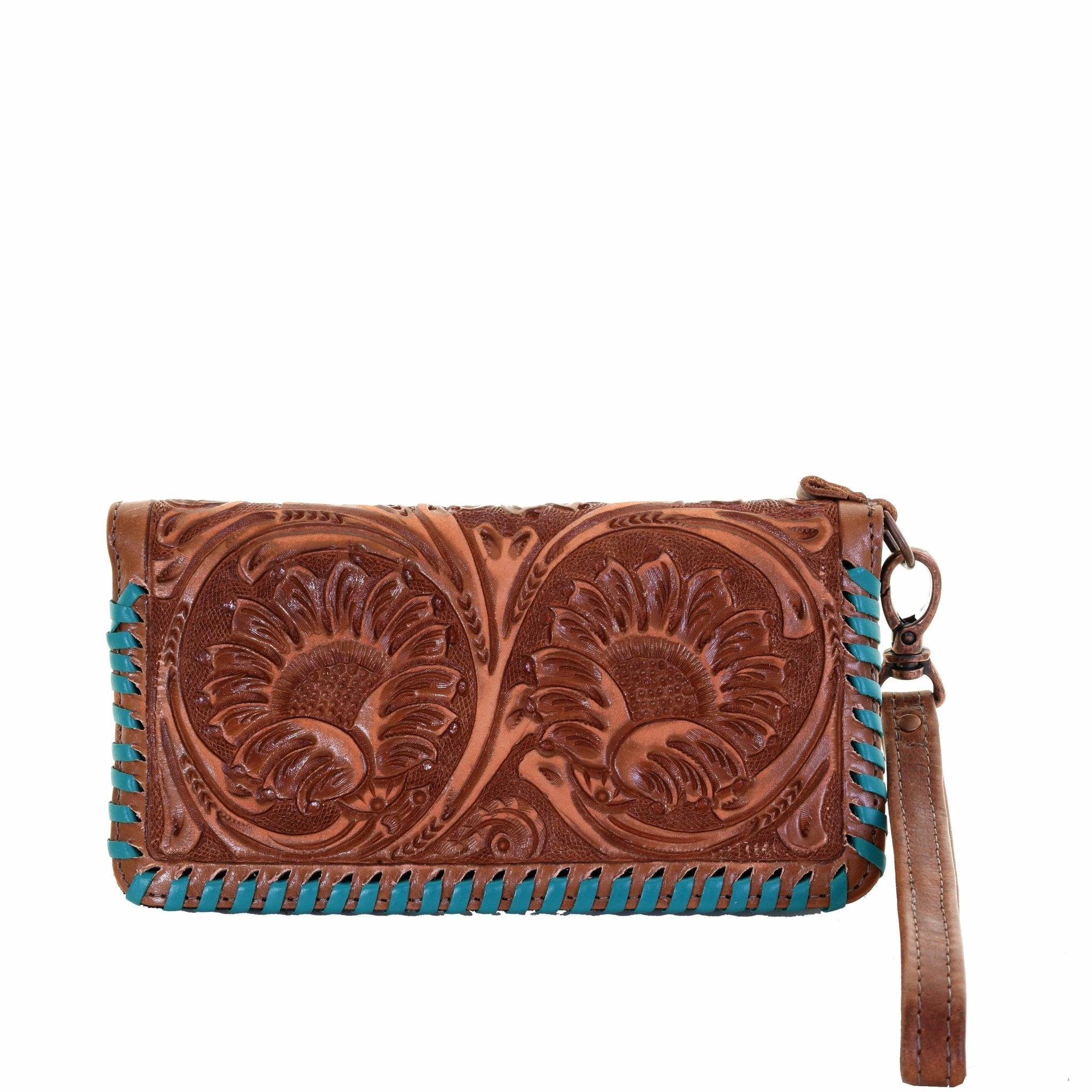 LZW16A - Sunflower Tooled Pecan Vintage Ladies Zipper Wallet - Double J Saddlery