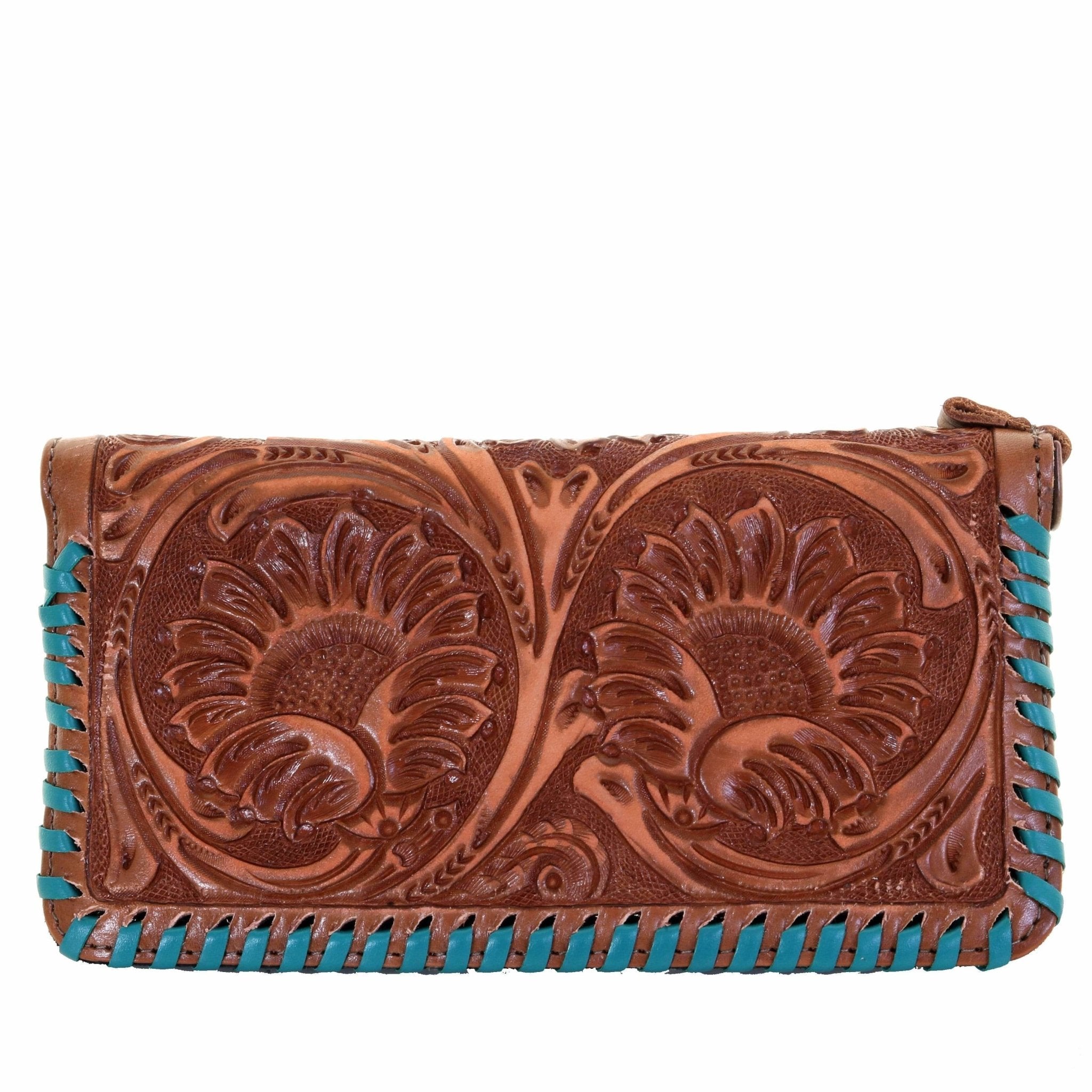 LZW16A - Sunflower Tooled Pecan Vintage Ladies Zipper Wallet - Double J Saddlery
