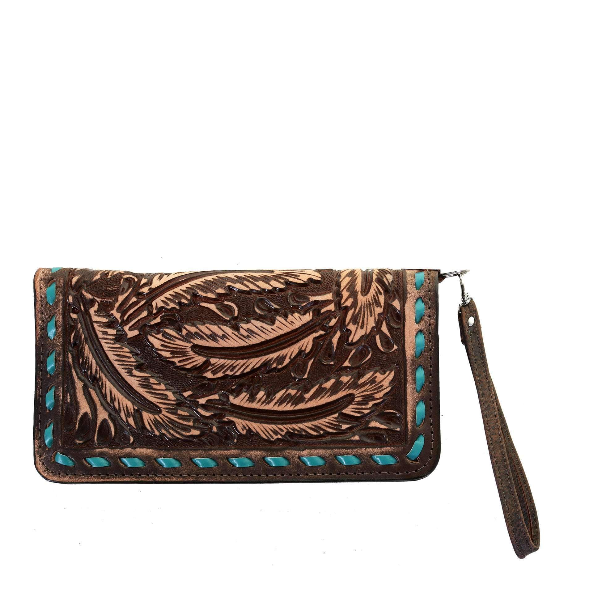 LZW17 - Brown Vintage Feather Tooled Ladies Zipper Wallet - Double J Saddlery