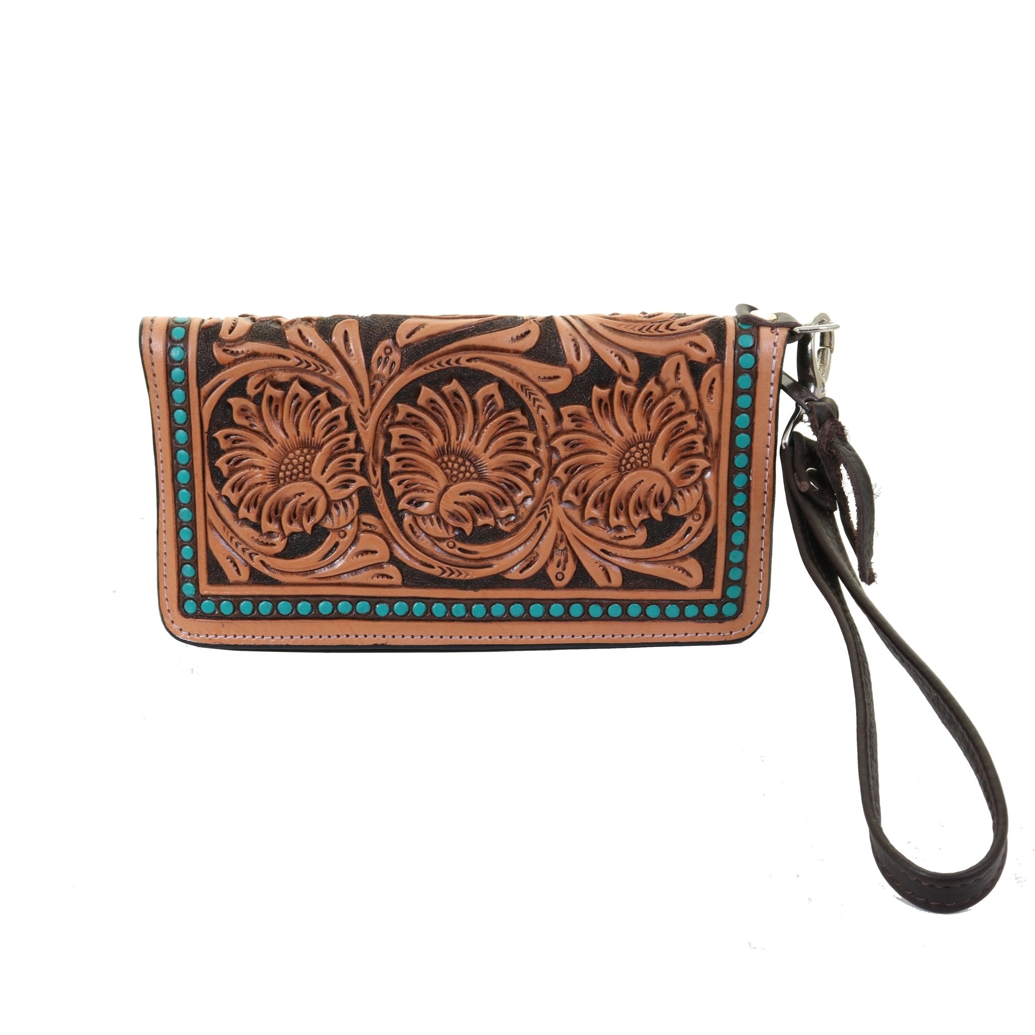 LZW53- Sunflower Tooled Natural Turquoise Tooled Zipper Wallet - Double J Saddlery