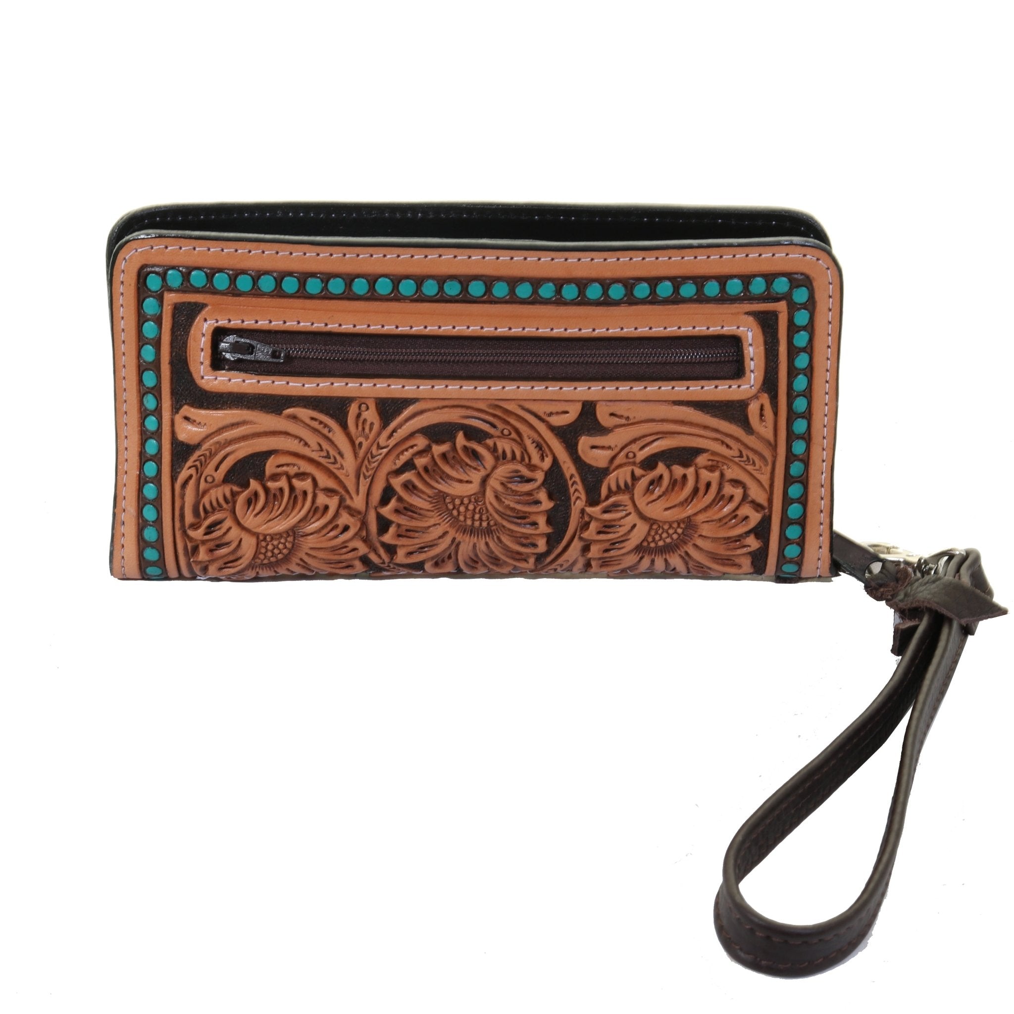 LZW53- Sunflower Tooled Natural Turquoise Tooled Zipper Wallet - Double J Saddlery