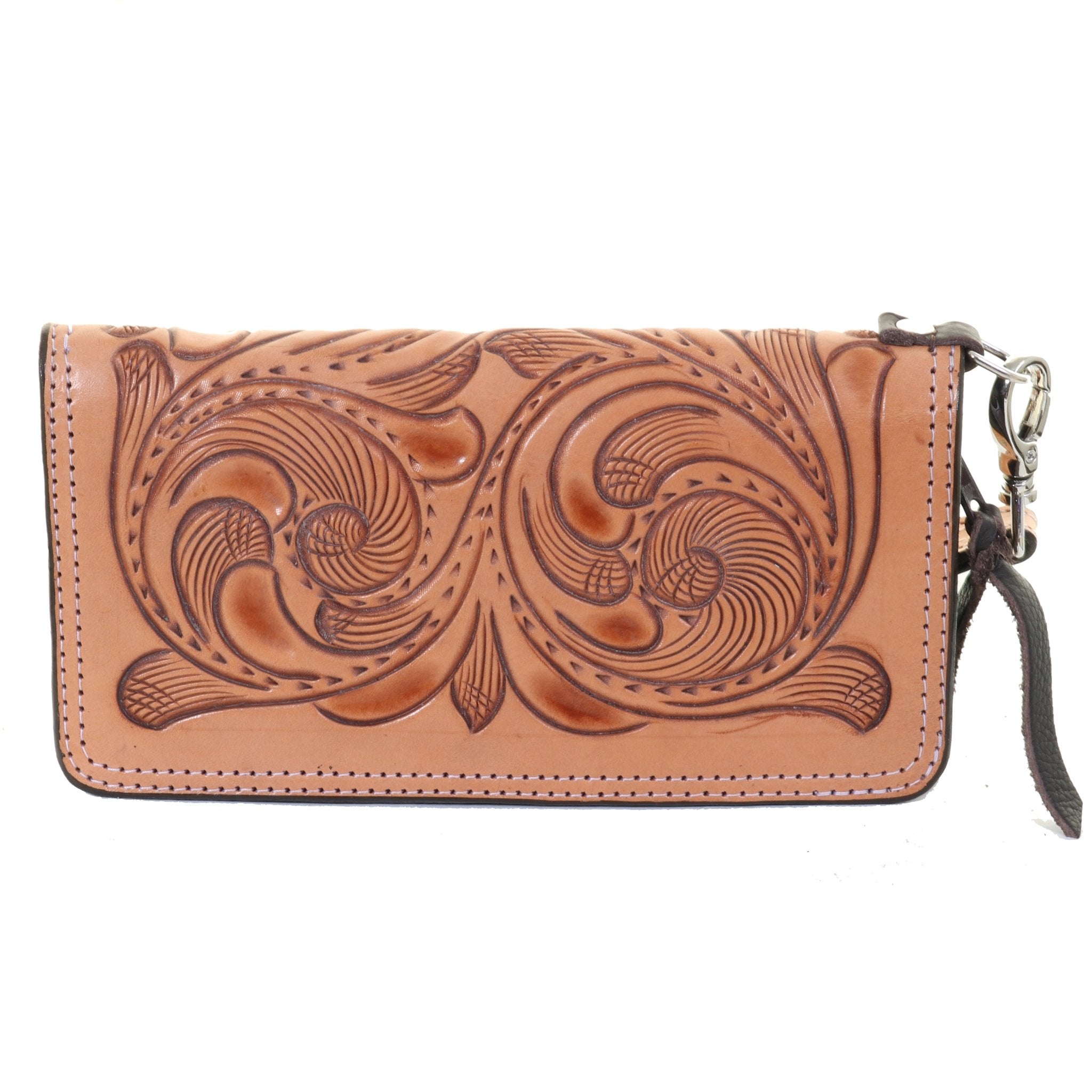 LZW54- Natural Whirlwind Tooled Zipper Wallet - Double J Saddlery