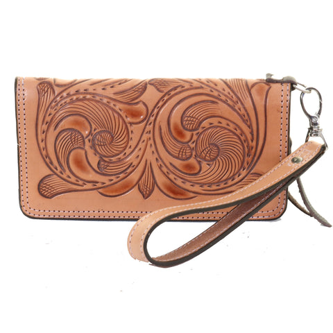 LZW54- Natural Whirlwind Tooled Zipper Wallet - Double J Saddlery