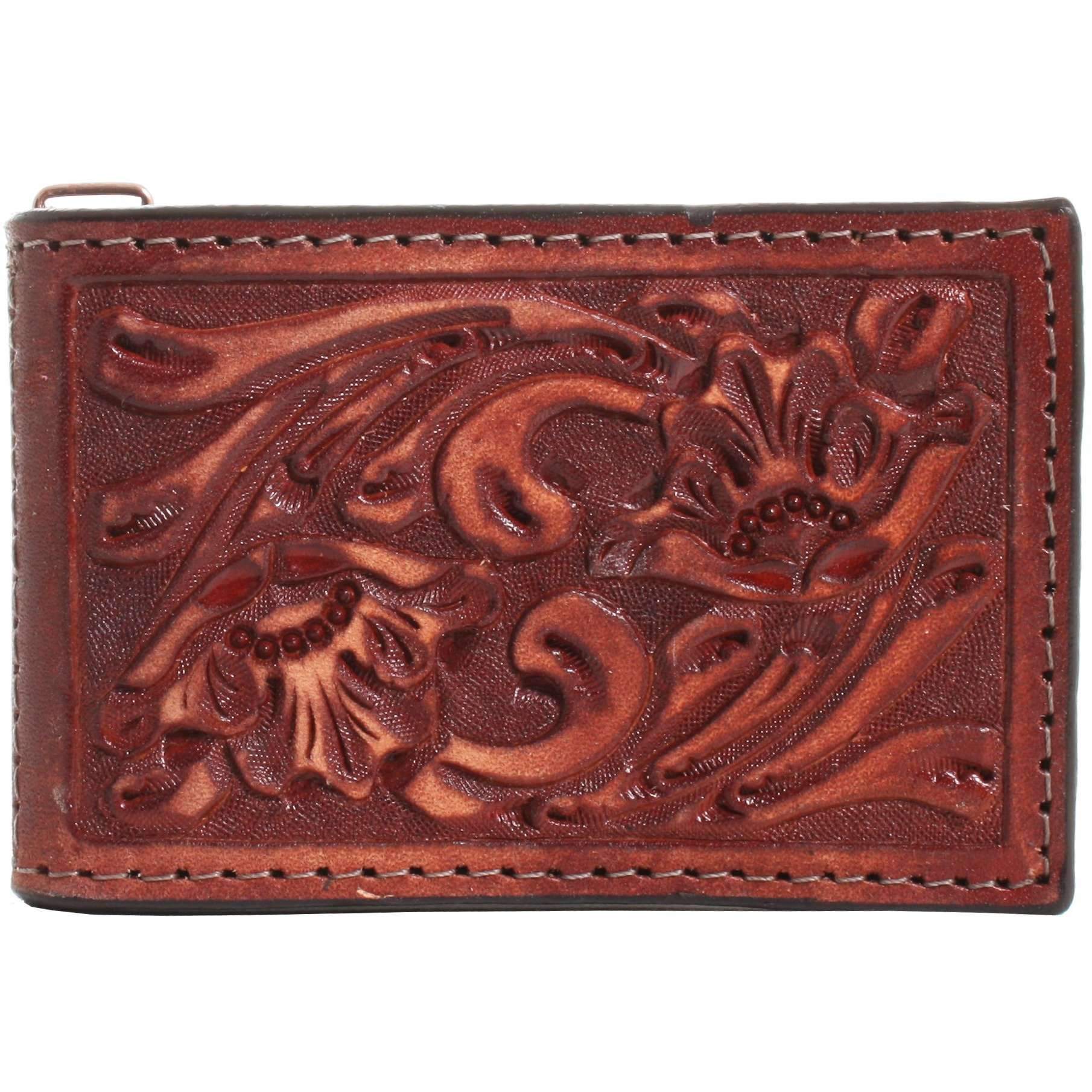 MC103 - Cognac Leather Floral Tooled Money Clip - Double J Saddlery
