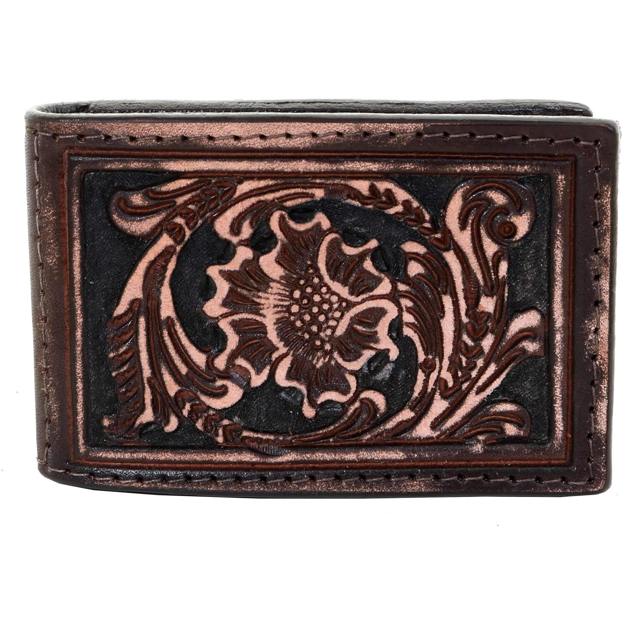 MC114 - Brown Vintage Floral Tooled Money Clip - Double J Saddlery