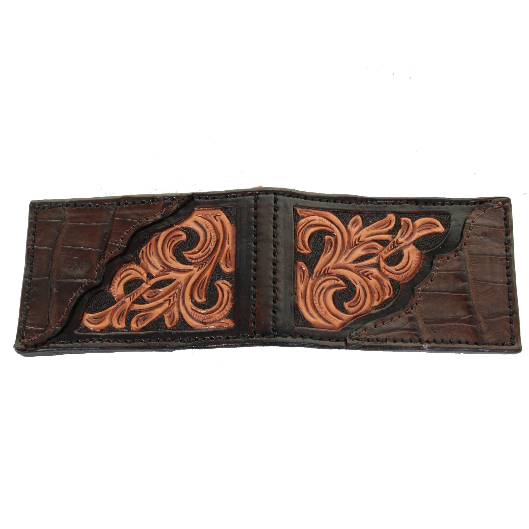 MC160- Brown Leather Wallet with Fancy Tooling And Scallop Corner in Brown Gator Leather - Double J Saddlery