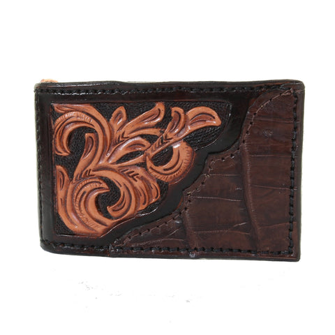 MC160- Brown Leather Wallet with Fancy Tooling And Scallop Corner in Brown Gator Leather - Double J Saddlery